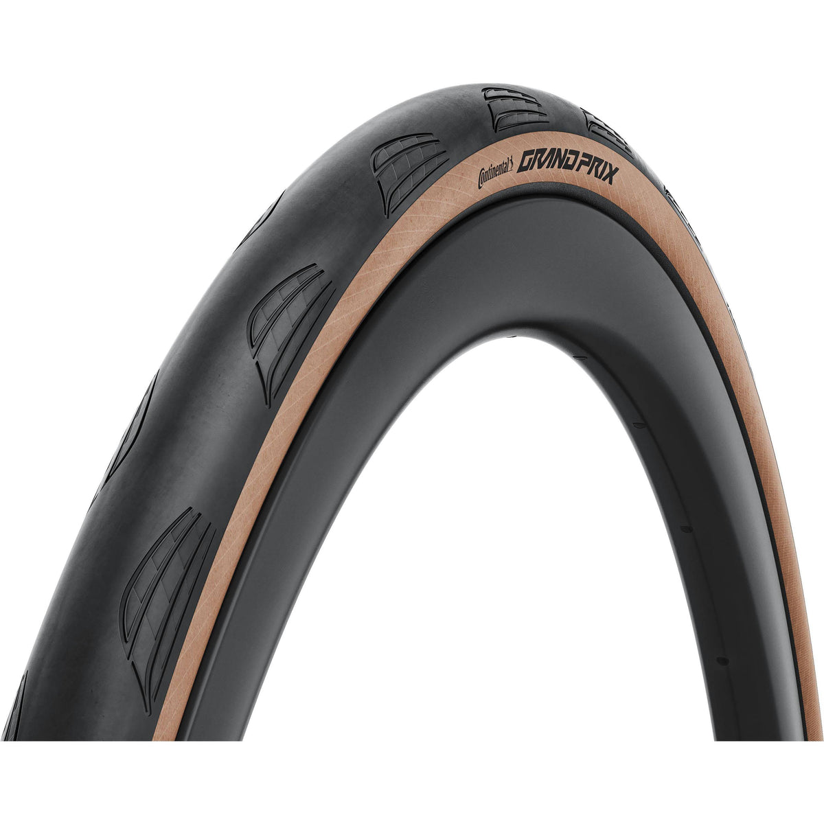 Continental Grand Prix road bike tyre with puncture protection and low rolling resistance, showing tread pattern and sidewall details.