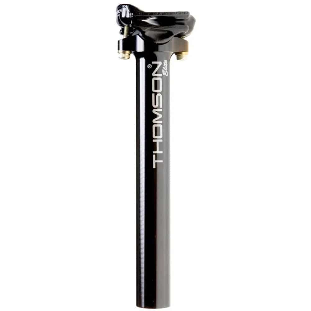 Thomson Elite inline bike seatpost in black, showcasing its high-strength durable aluminum construction and sleek design.