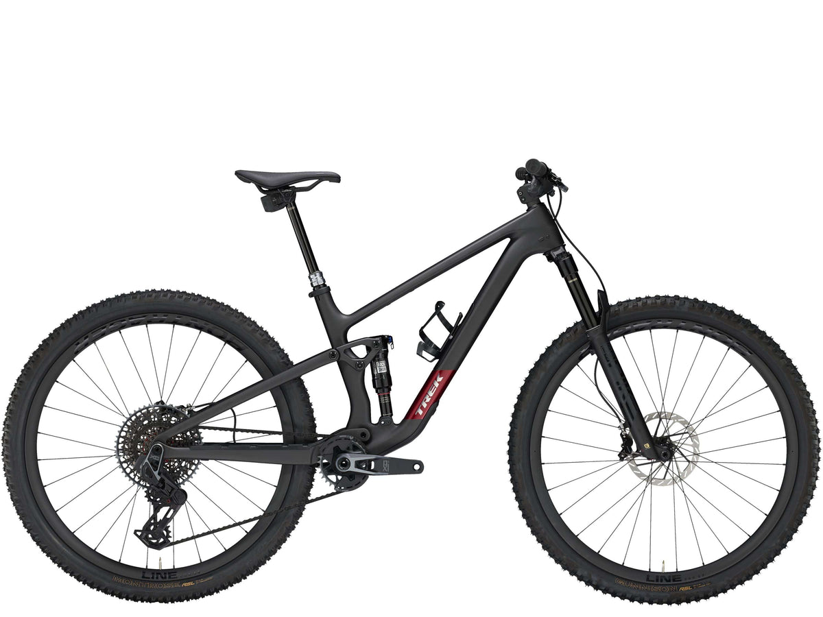Trek Top Fuel 9.9 X0 AXS Gen 4 mountain bike with SRAM wireless drivetrain, shown from the front view with sleek frame details.
