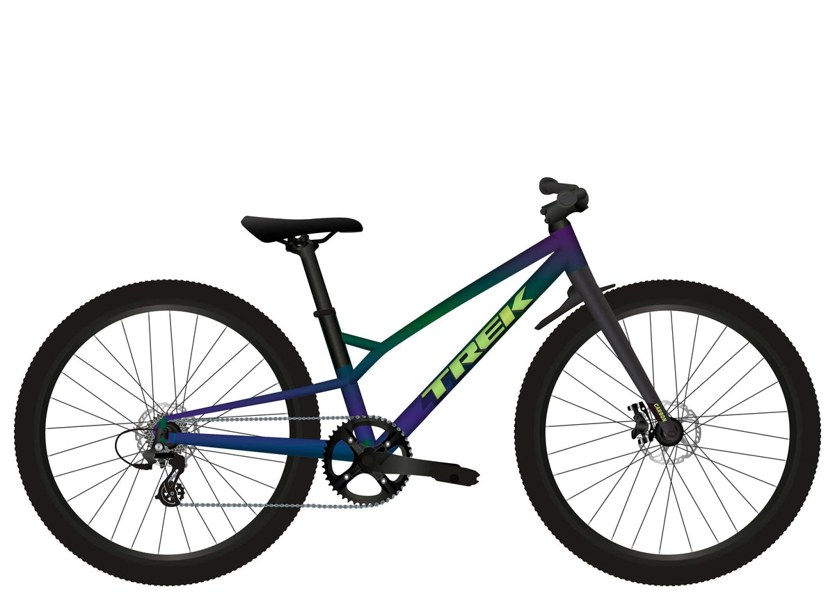 Trek Wahoo 20 Trail Mountain Bike with carbon fork and front mudguard, showing the bike frame and tires on a trail.