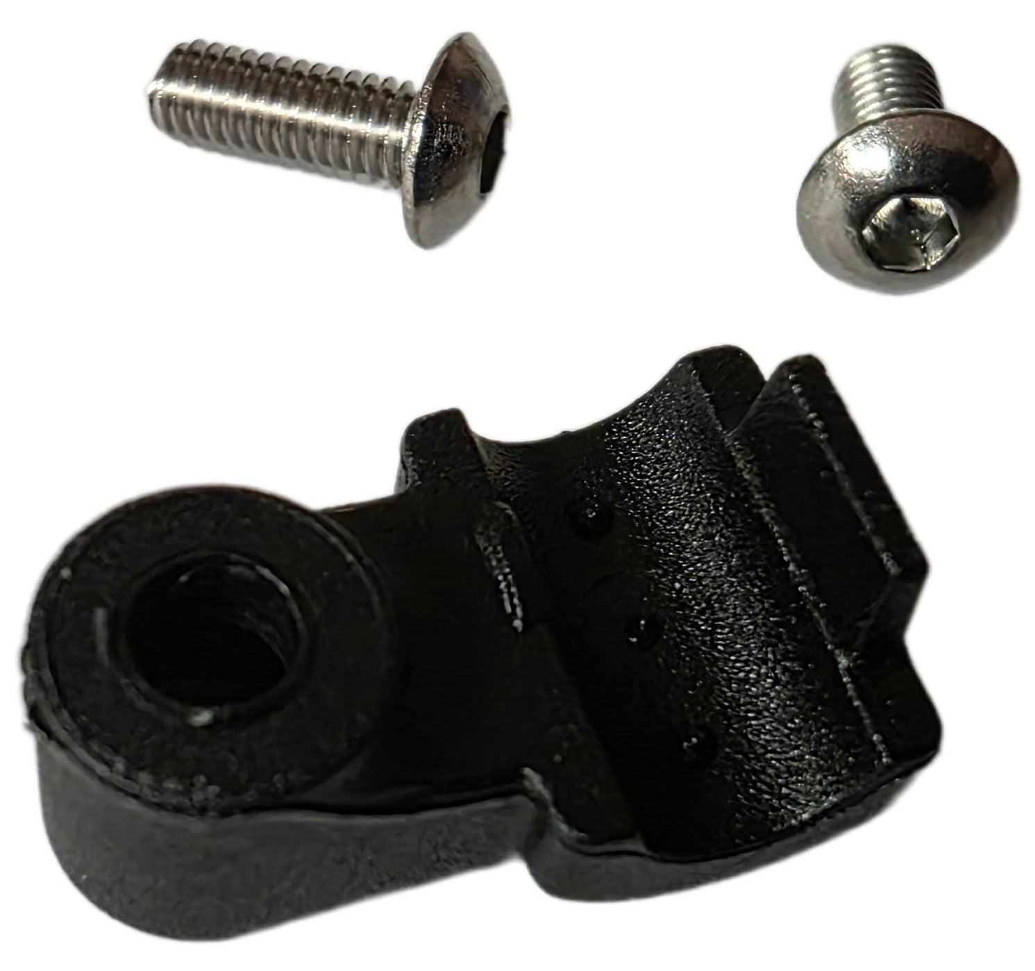 X-Fusion brake hose guide kit with screw for Vengeance fork maintenance, showing the black plastic component and mounting hardware.