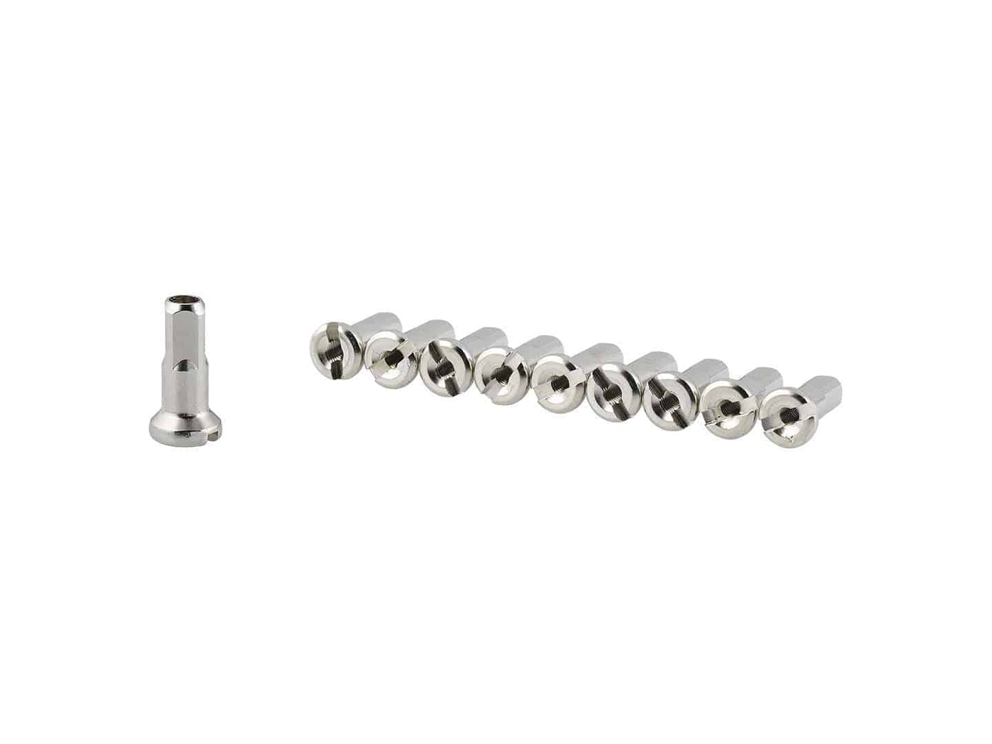 Trek Bontrager 13 gauge silver spoke nipples pack of 10, bicycle wheel repair components, metal wheel parts.