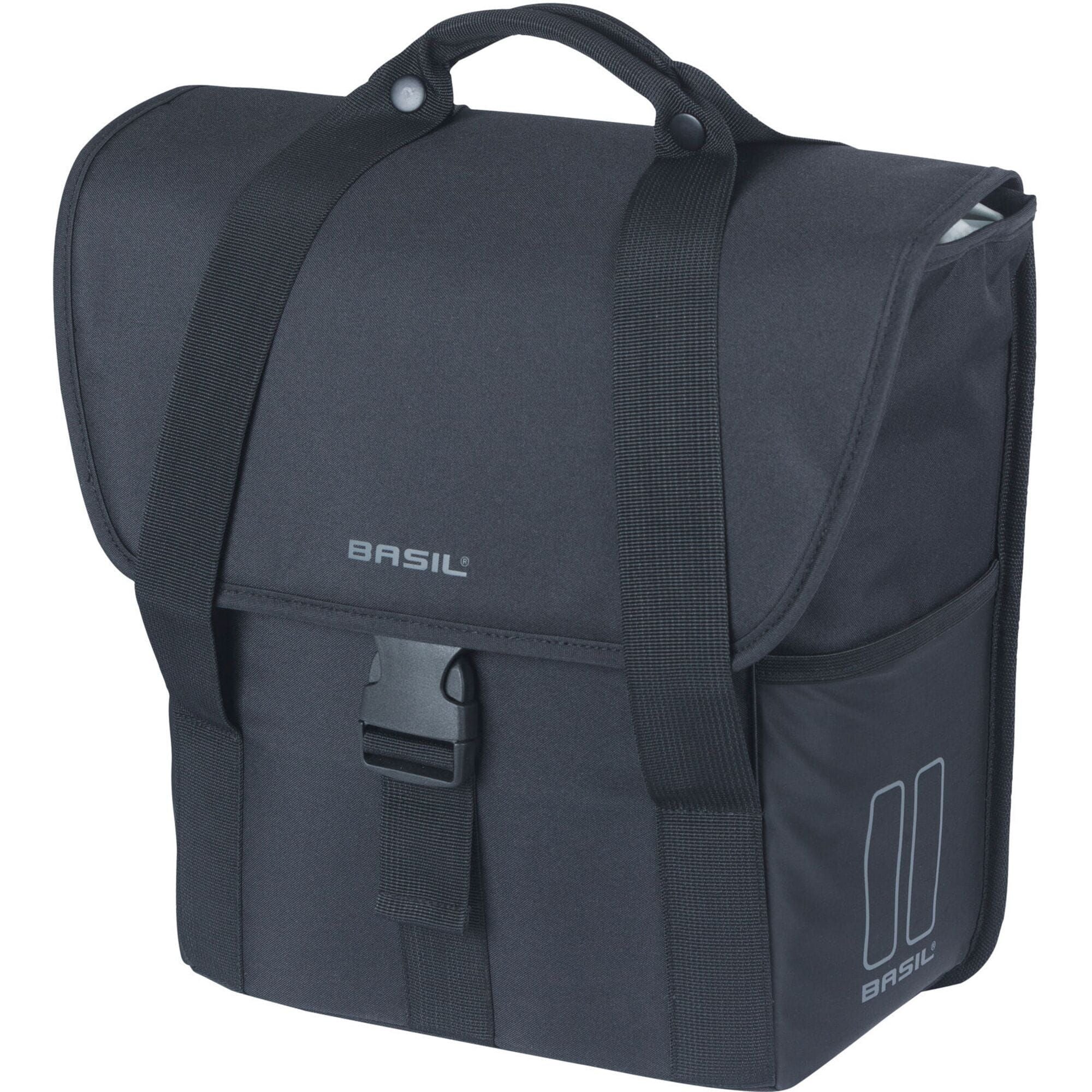 Black Basil GO single bike bag with reflective details and side pockets, designed for cycling accessories and gear storage.