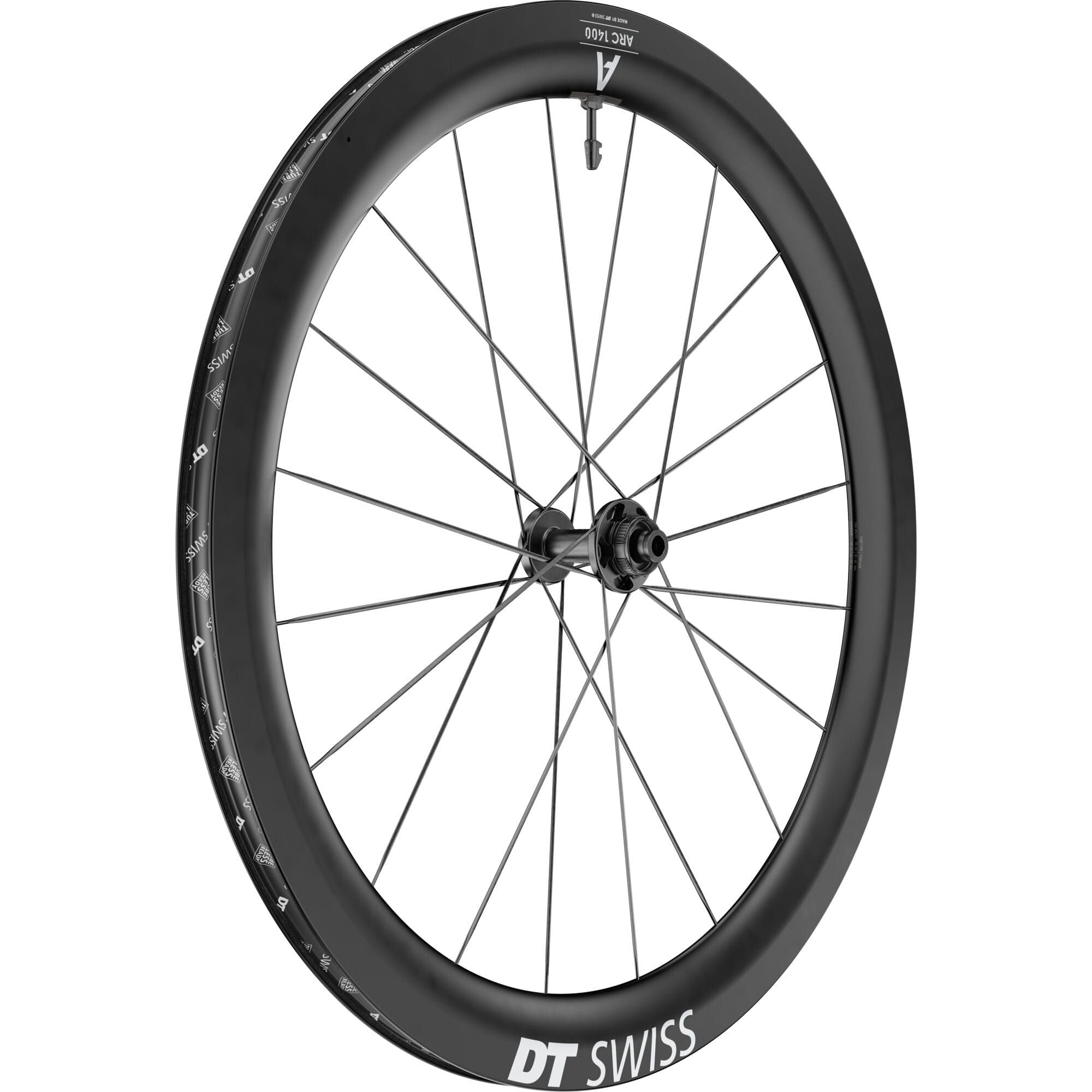 DT Swiss ARC 1400 DICUT front disc brake wheel with carbon clincher rim, 55x22mm, showcasing lightweight aerodynamic cycling components.