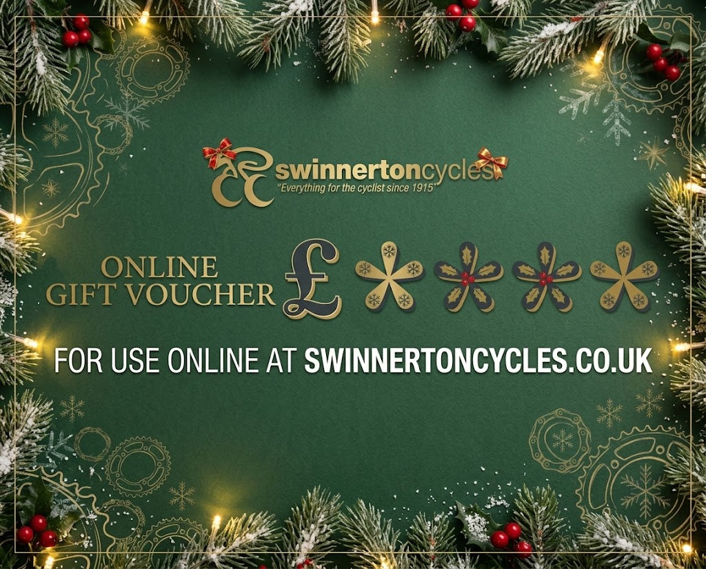 Swinnerton Cycles gift voucher, a flexible electronic gift card for cyclists, with a sleek design and branding.