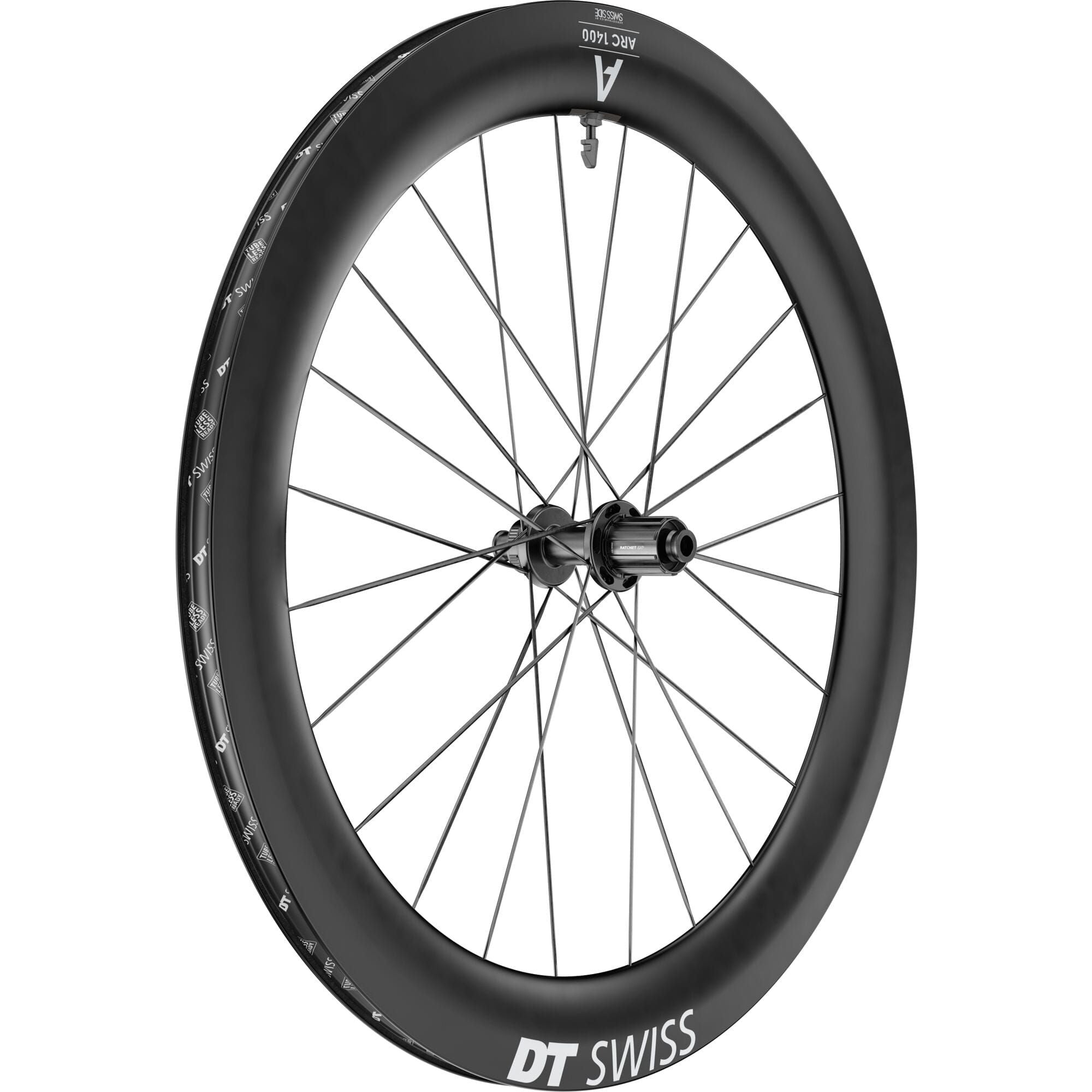 DT Swiss ARC 1400 DICUT rear carbon clincher disc brake wheel with 65x22mm rim for high-performance cycling.