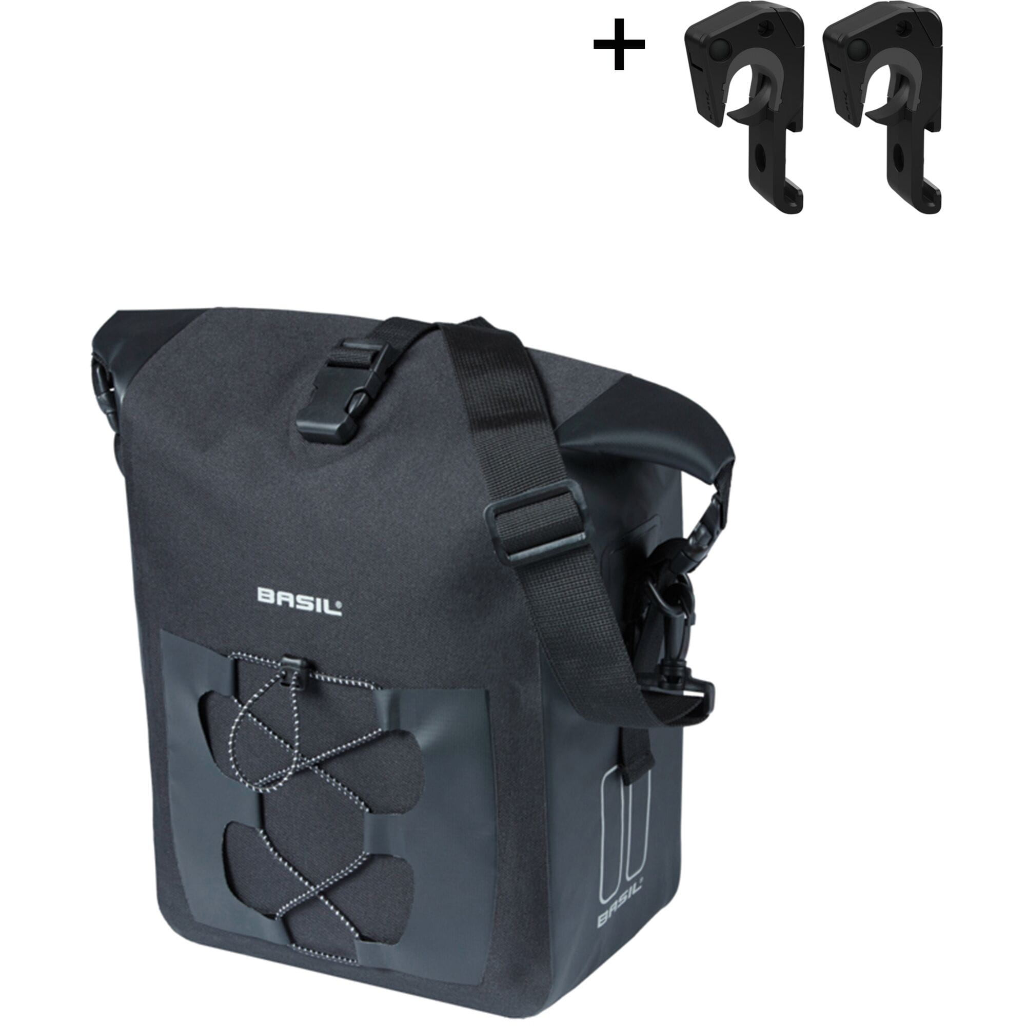 Basil Navigator waterproof single pannier bag with MIK hooks system, designed for bike accessories and commuting.