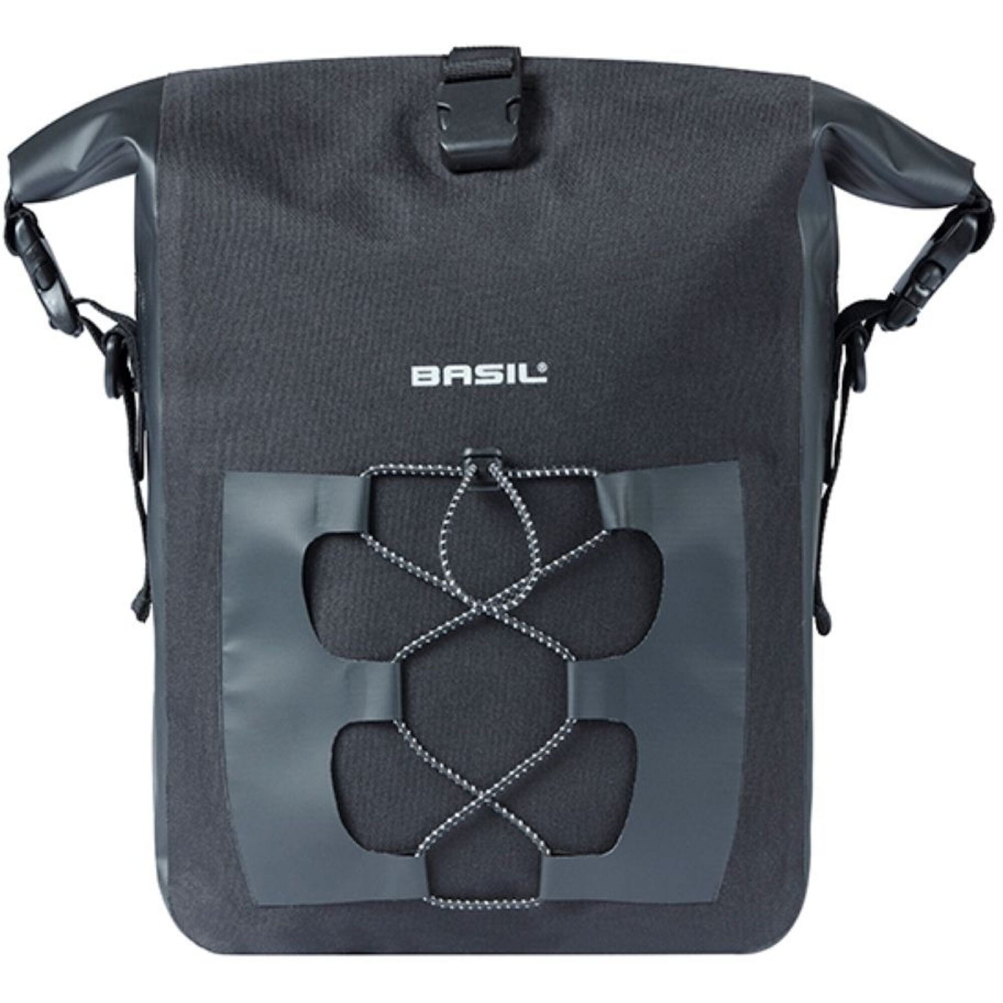 Basil Navigator waterproof single pannier bag with MIK hooks system, outdoor cycling accessories, black and reflective details.