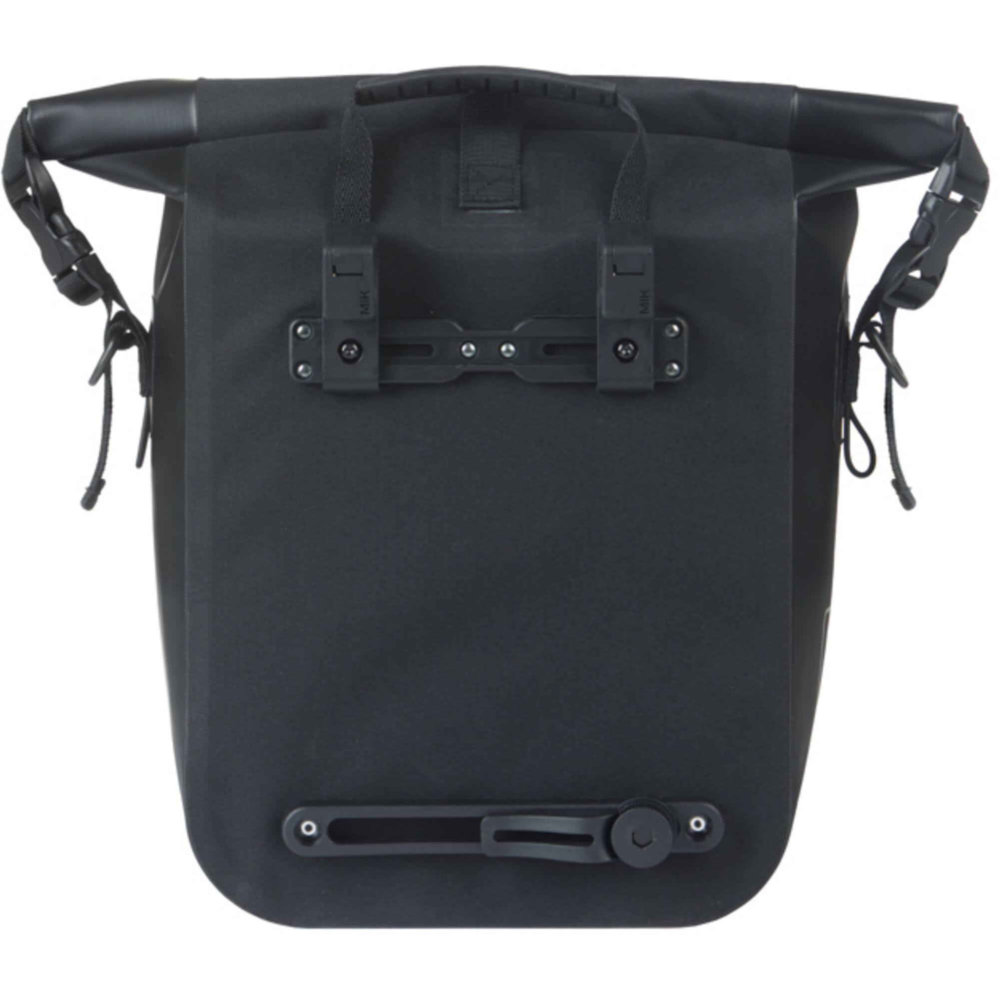 Basil Navigator waterproof single pannier bag with MIK hooks system, designed for bike accessories, shown in black with reflective details.