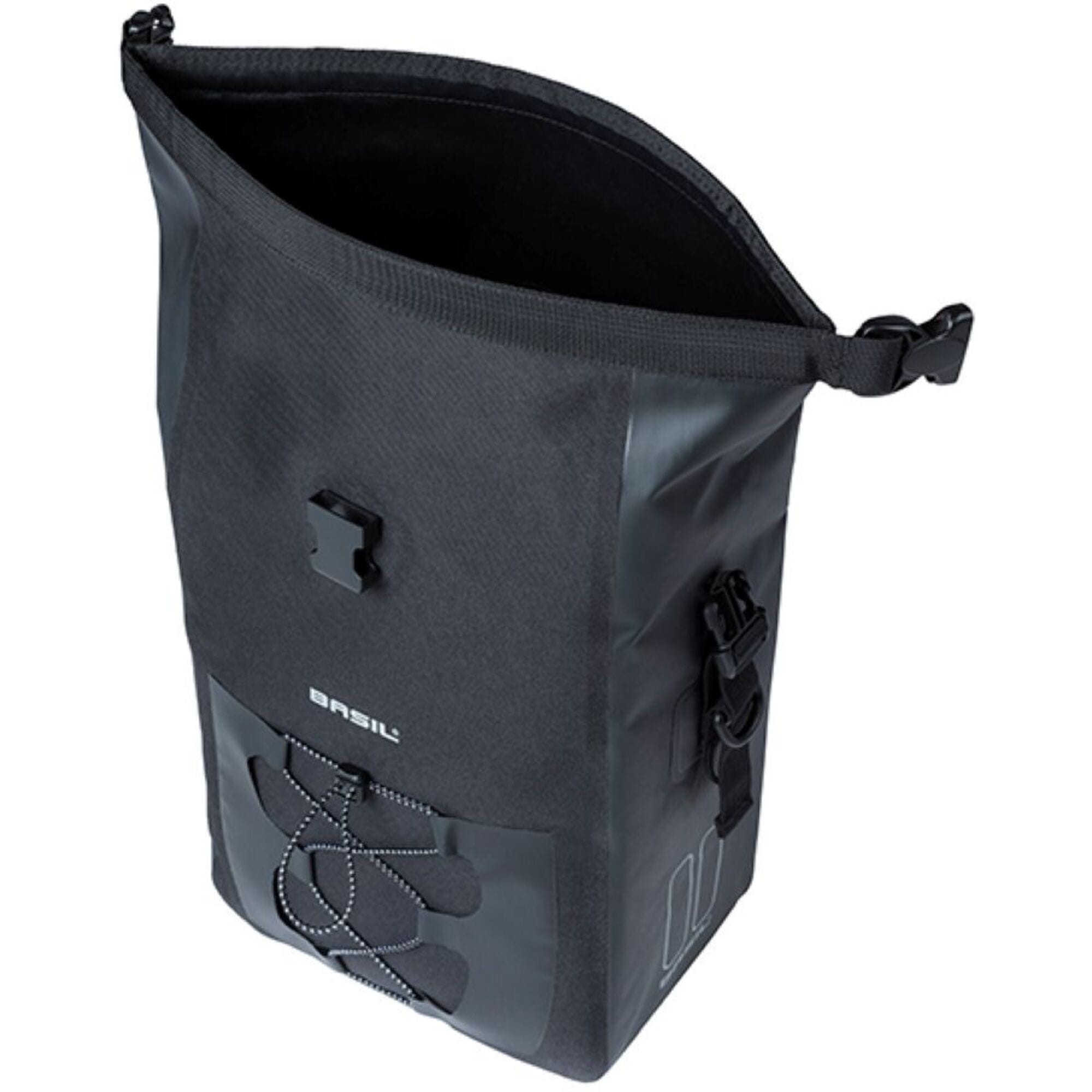 Basil Navigator waterproof single pannier bag with MIK hooks system mounted on a bicycle rack for cycling accessories.