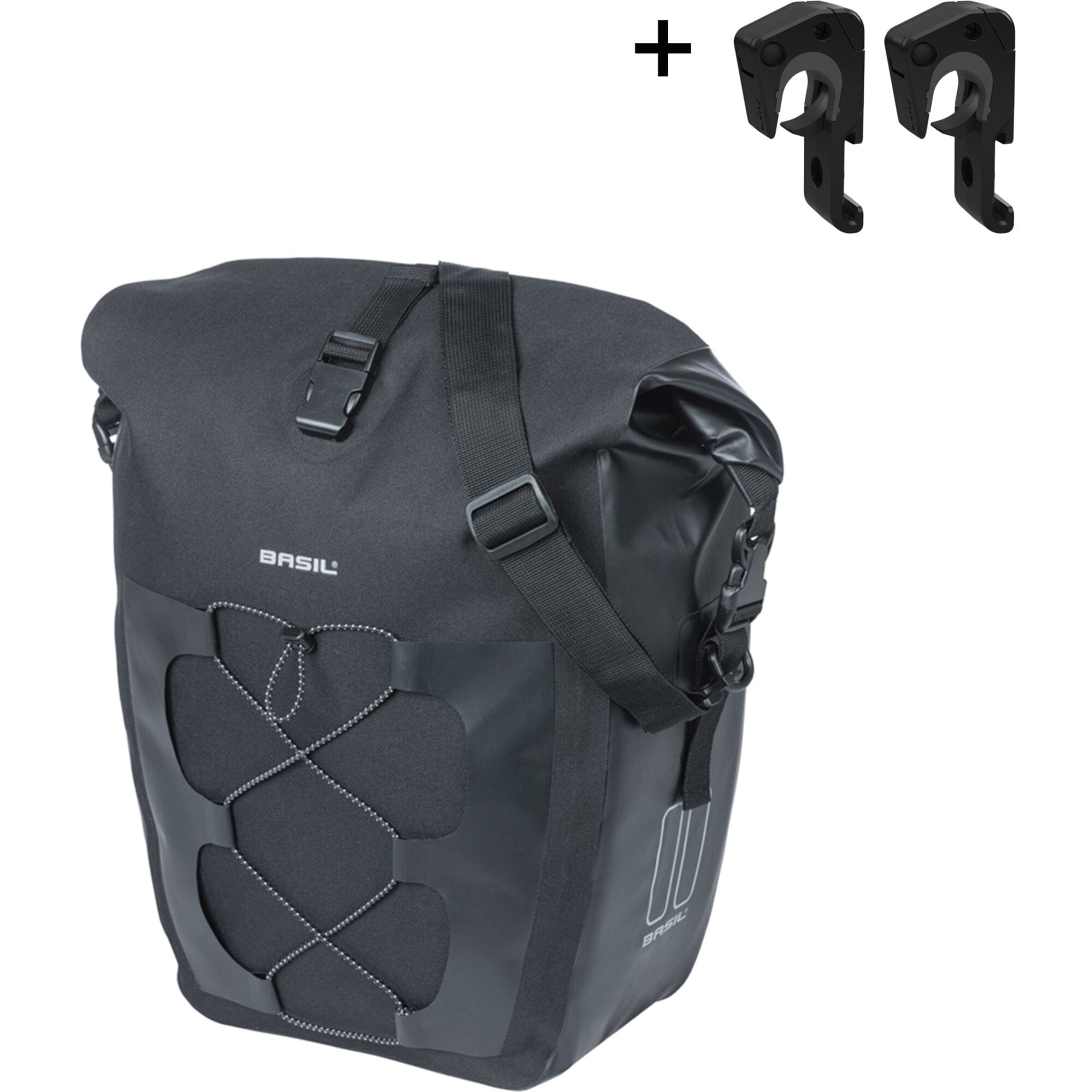 Basil Navigator waterproof single pannier bag with MIK hooks system, designed for bicycle accessories and commuting.
