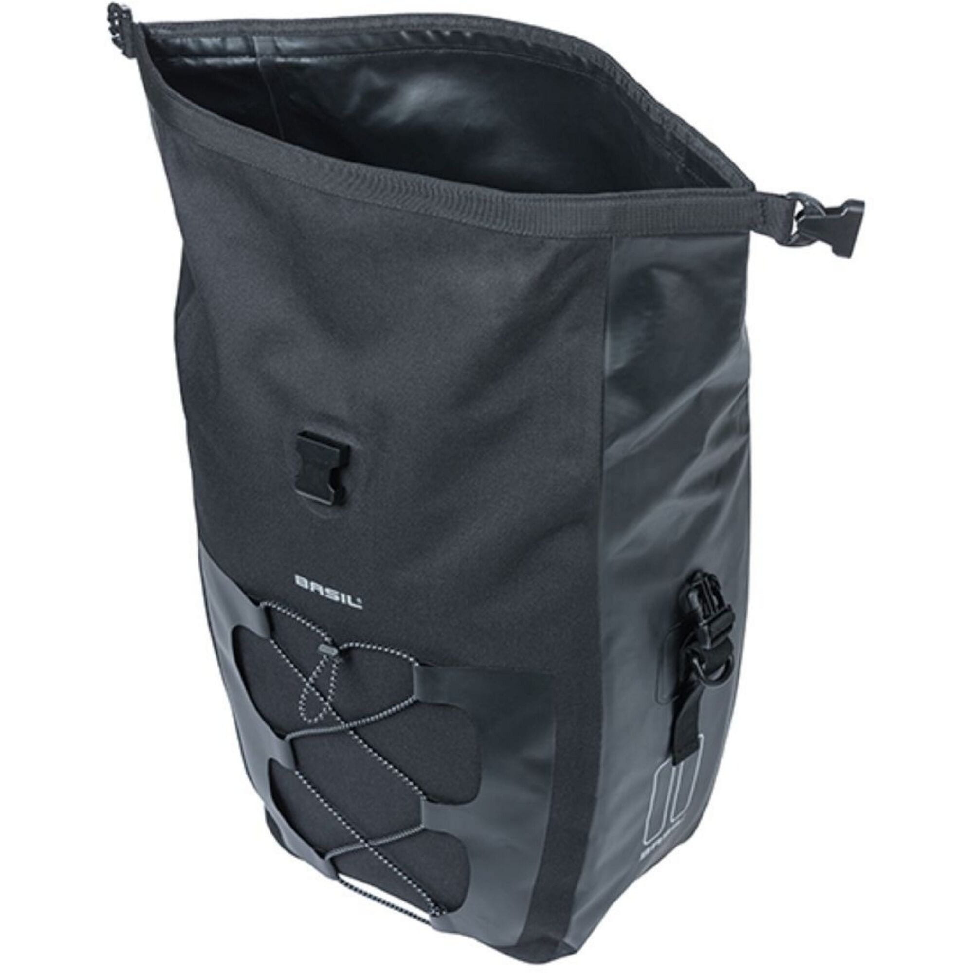 Basil Navigator waterproof single pannier bag with MIK hooks system, showing the sleek, durable design and attachment mechanism.