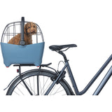 Basil Buddy MIK dog bicycle basket in faded denim mounted on rear bike rack, designed for small dogs.