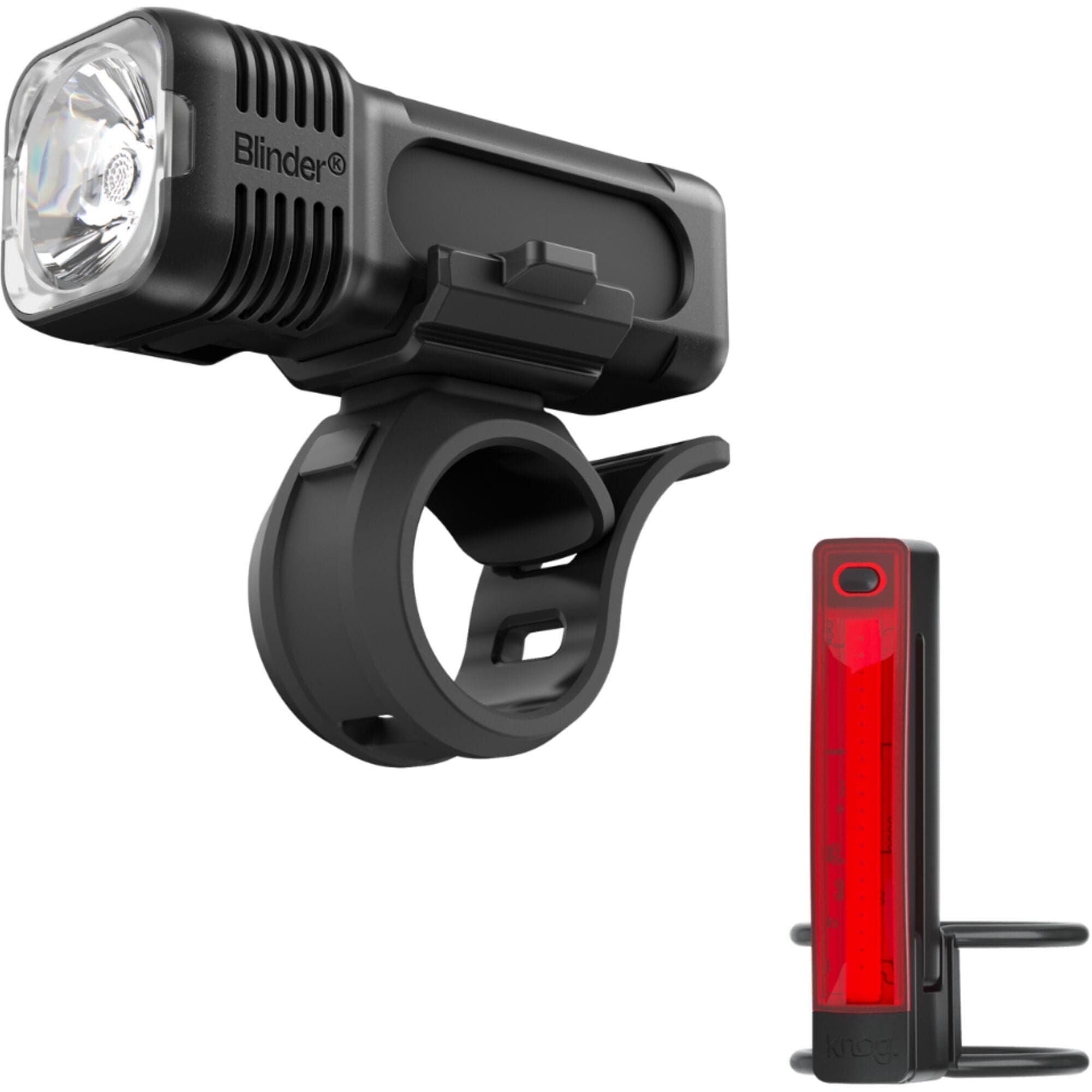 Knog Blinder Pro 400 front and rear USB rechargeable bike lights attached to a bicycle for visibility and safety.