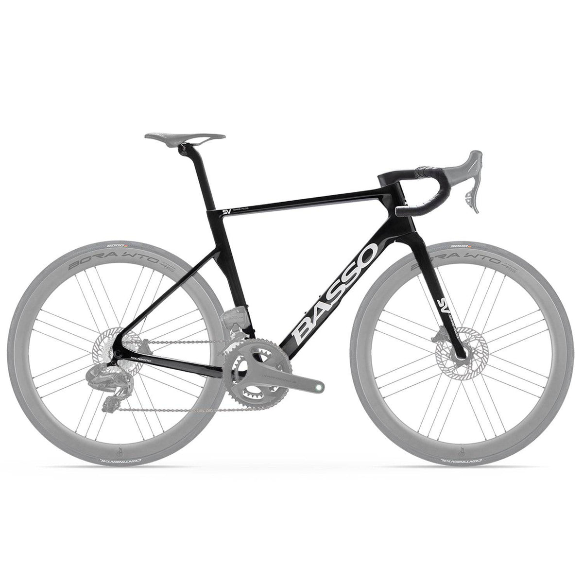 Basso Bikes SV Road Frameset with aerodynamic carbon frame, designed for electronic groupsets, shown in black with sleek design.