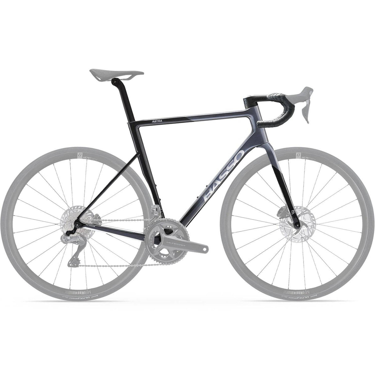Basso Bikes Astra Carbon all-road frameset with 35mm tire clearance, lightweight carbon construction, and sleek design.