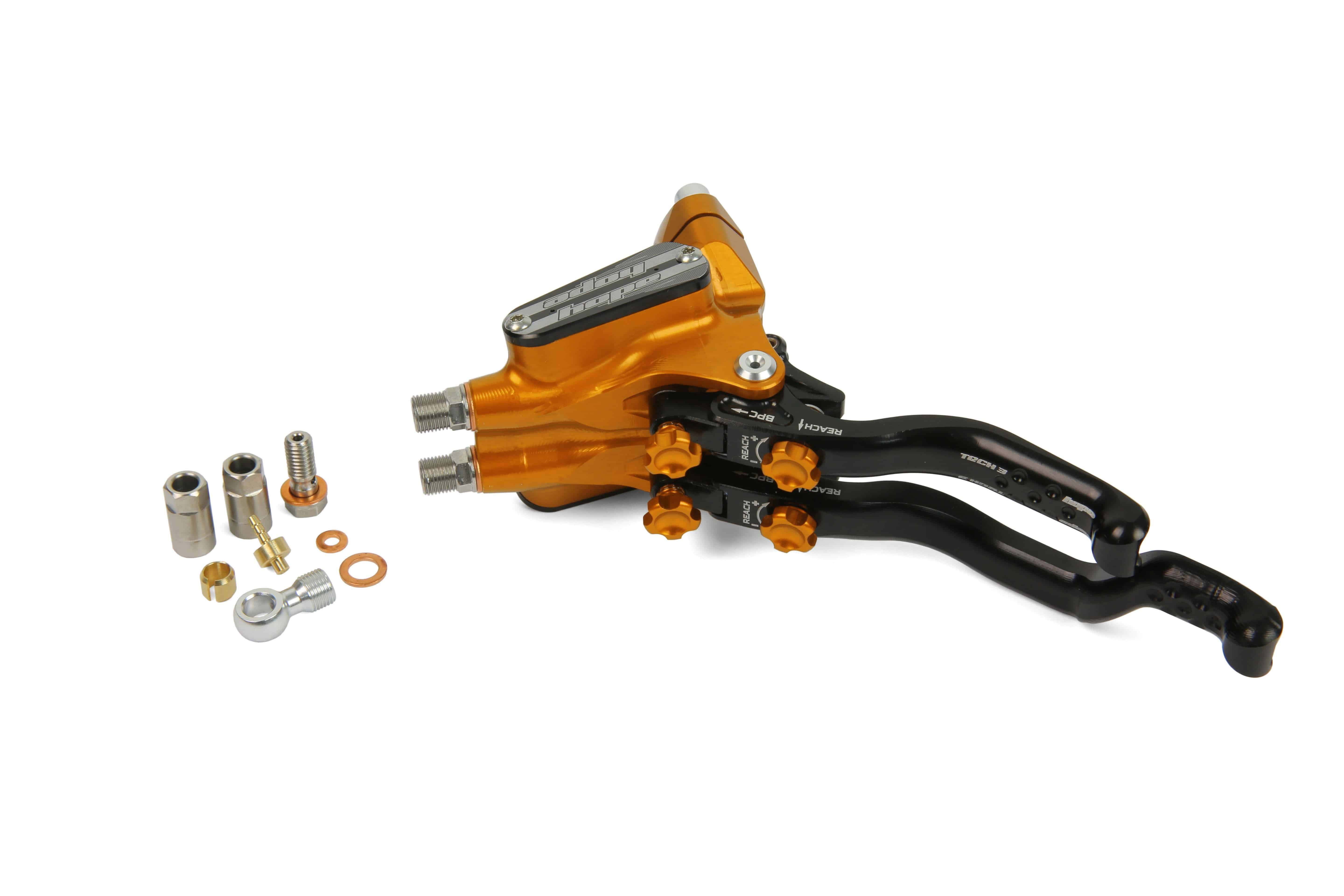Hope Tech 3 Duo master cylinder spare parts and accessories for bicycle braking systems, showing various components and tools.