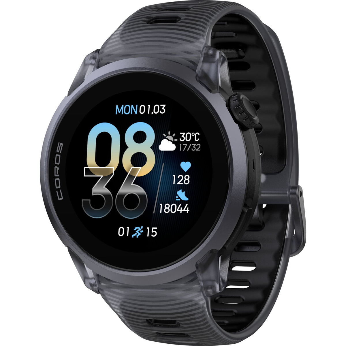 Black Coros PACE 4 GPS sport watch with AMOLED touchscreen and advanced running metrics, displayed on a clean background.