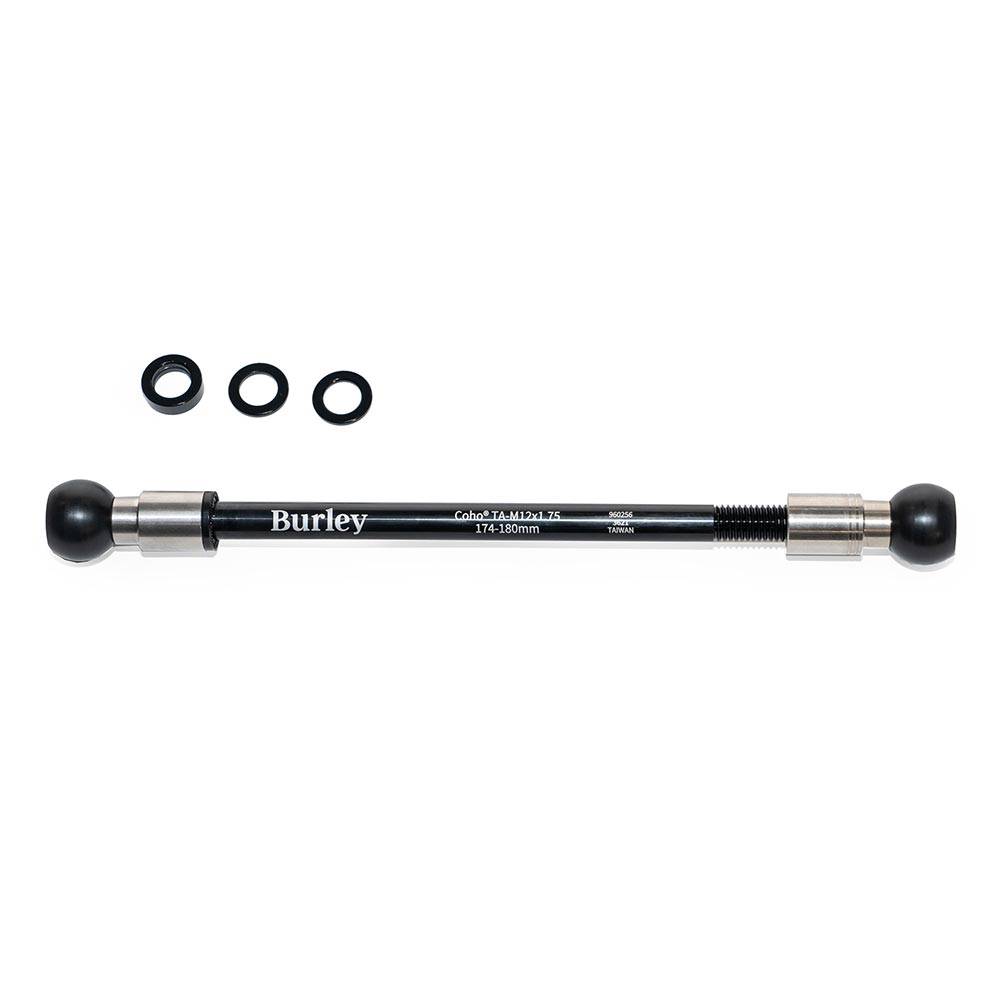 Burley Coho Thru Axle for 12mm rear bike cargo trailer connection, durable bicycle accessory, close-up of axle component.