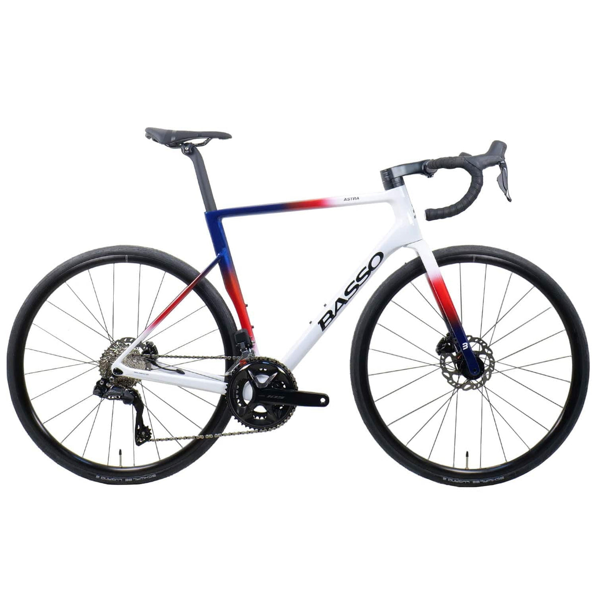 Basso Bikes Astra All-Road Carbon Road Bike with Shimano 105 Di2 gears and Aksium disc brakes, shown from side view.