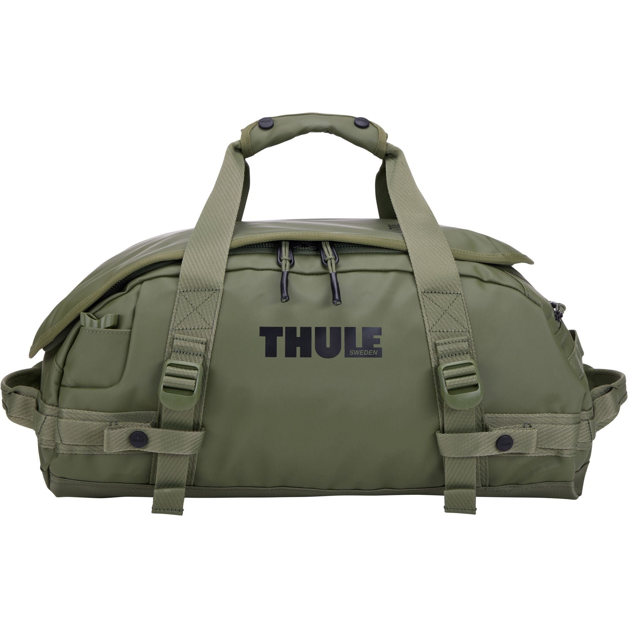 Thule Chasm 30L Recycled Duffel Bag with convertible straps, showing durable fabric and spacious design for travel accessories.