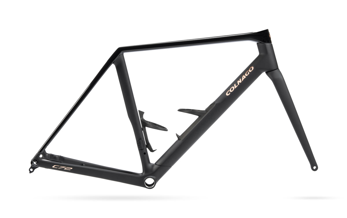 Colnago C72 Disc 2026 carbon road race frameset with integrated cockpit and aerodynamic seatpost, showcasing sleek frame details.