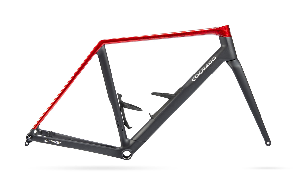 Colnago C72 Disc 2026 carbon road race frameset with integrated cockpit and aerodynamic seatpost, showcasing sleek design and advanced components.