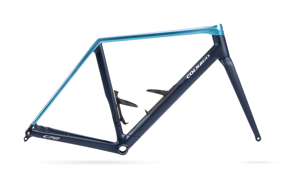 Colnago C72 Disc 2026 carbon road race frameset with integrated cockpit and aerodynamic seatpost, showcasing sleek design and engineering