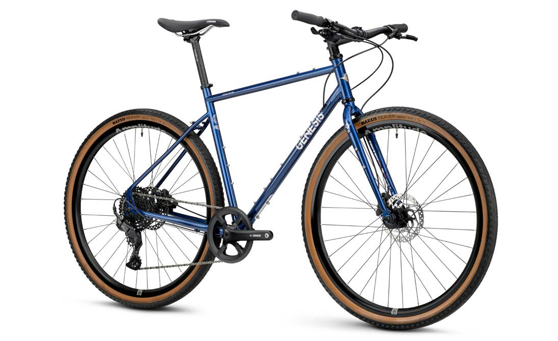 Genesis Croix de Fer 10 Flat Bar Gravel Bike with Shimano 1x9-speed drivetrain and hydraulic brakes, shown from side view.