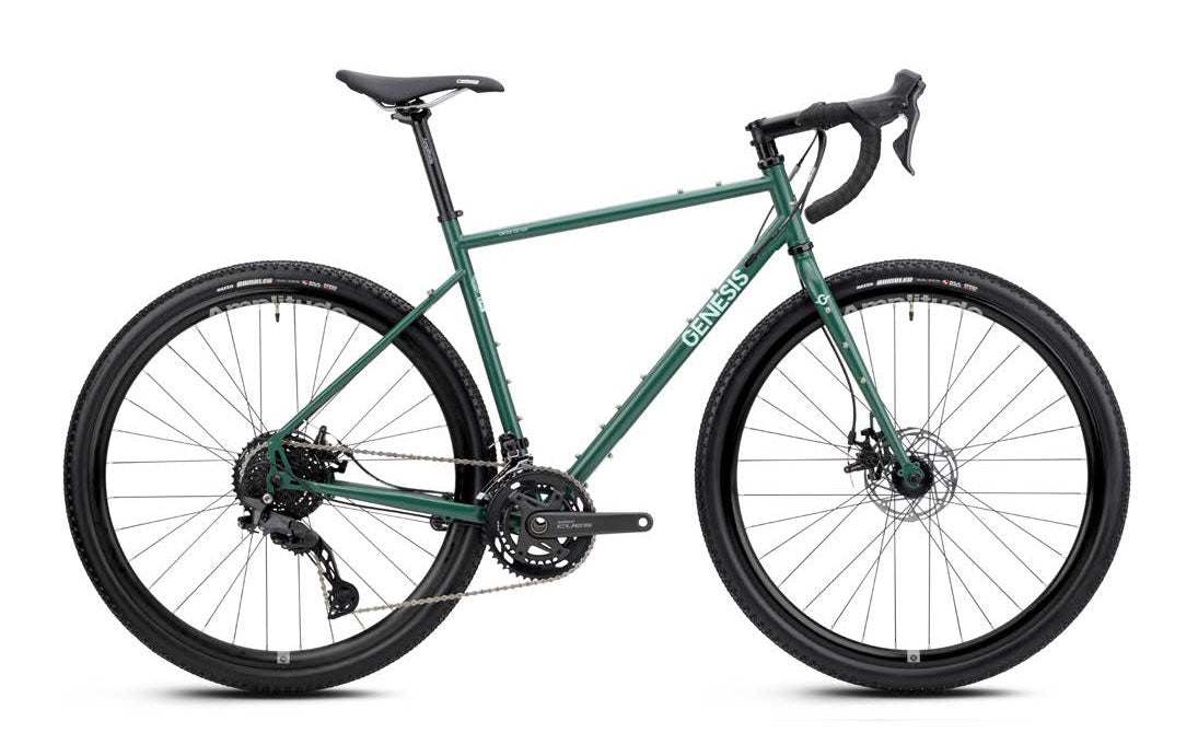 Genesis Croix de Fer 20 725 gravel bike with Shimano 2x10-speed drivetrain and TRP Spyre brakes, shown from side view.
