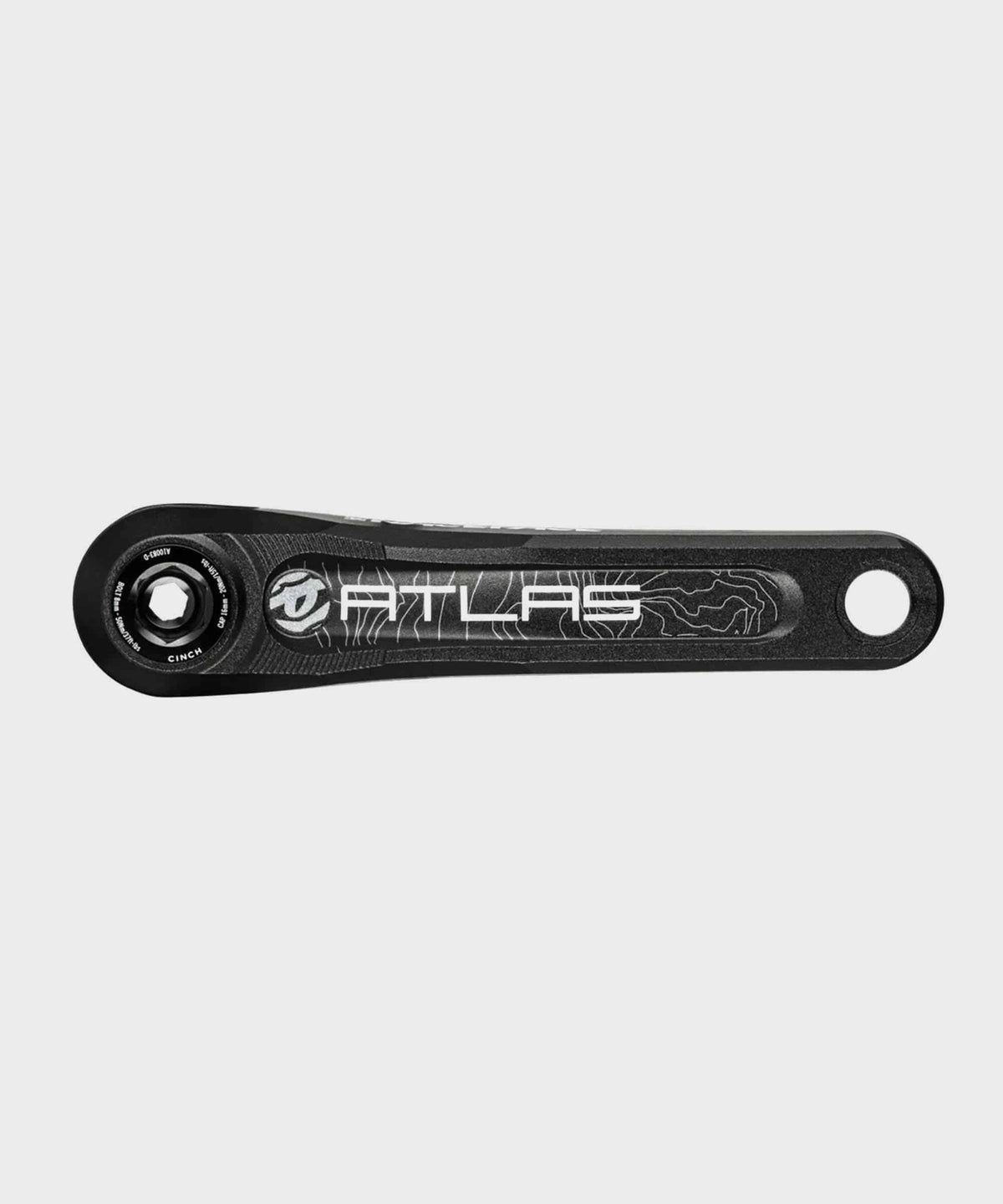 Race Face Atlas crank arms for mountain bikes, black with Cinch system compatibility, showcasing the lightweight component design.
