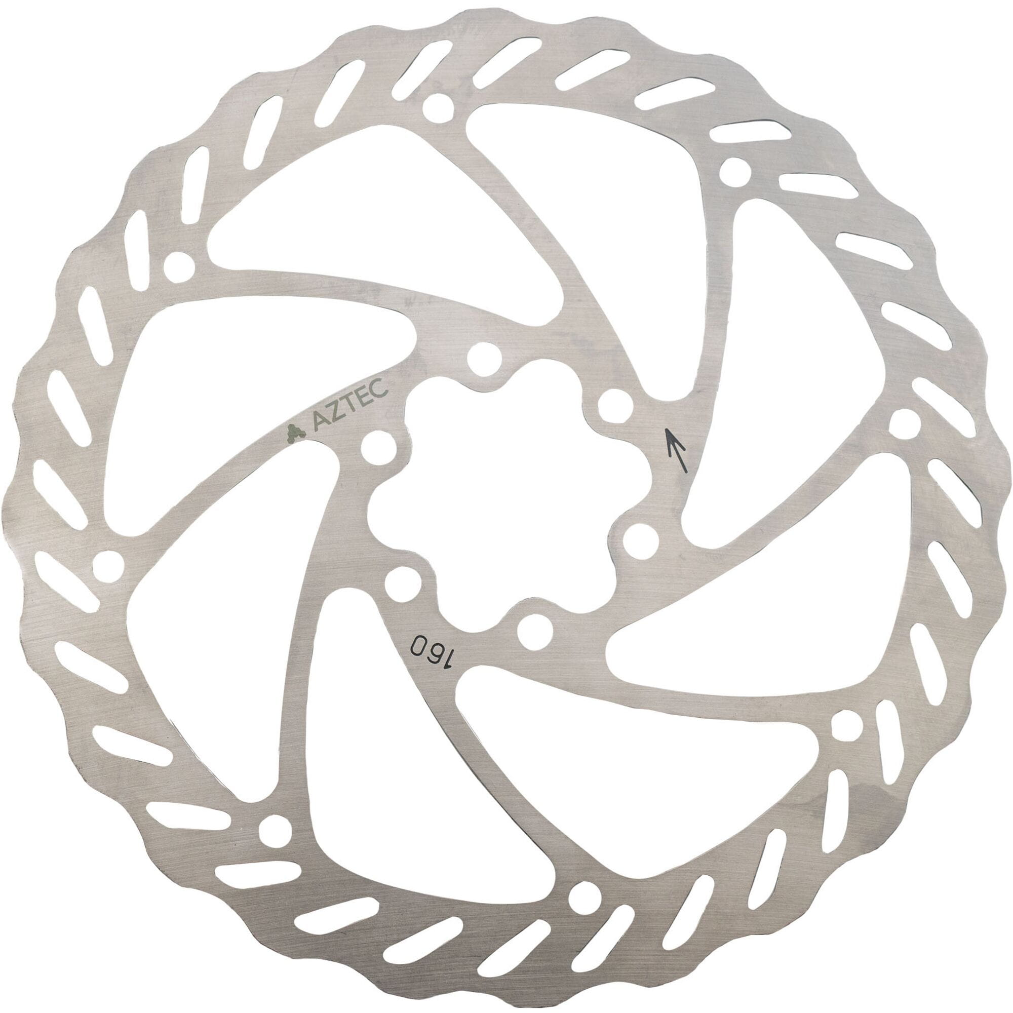 Aztec Core stainless steel 6-bolt disc brake rotor for bikes, showing the round rotor with bolt holes and metallic finish.