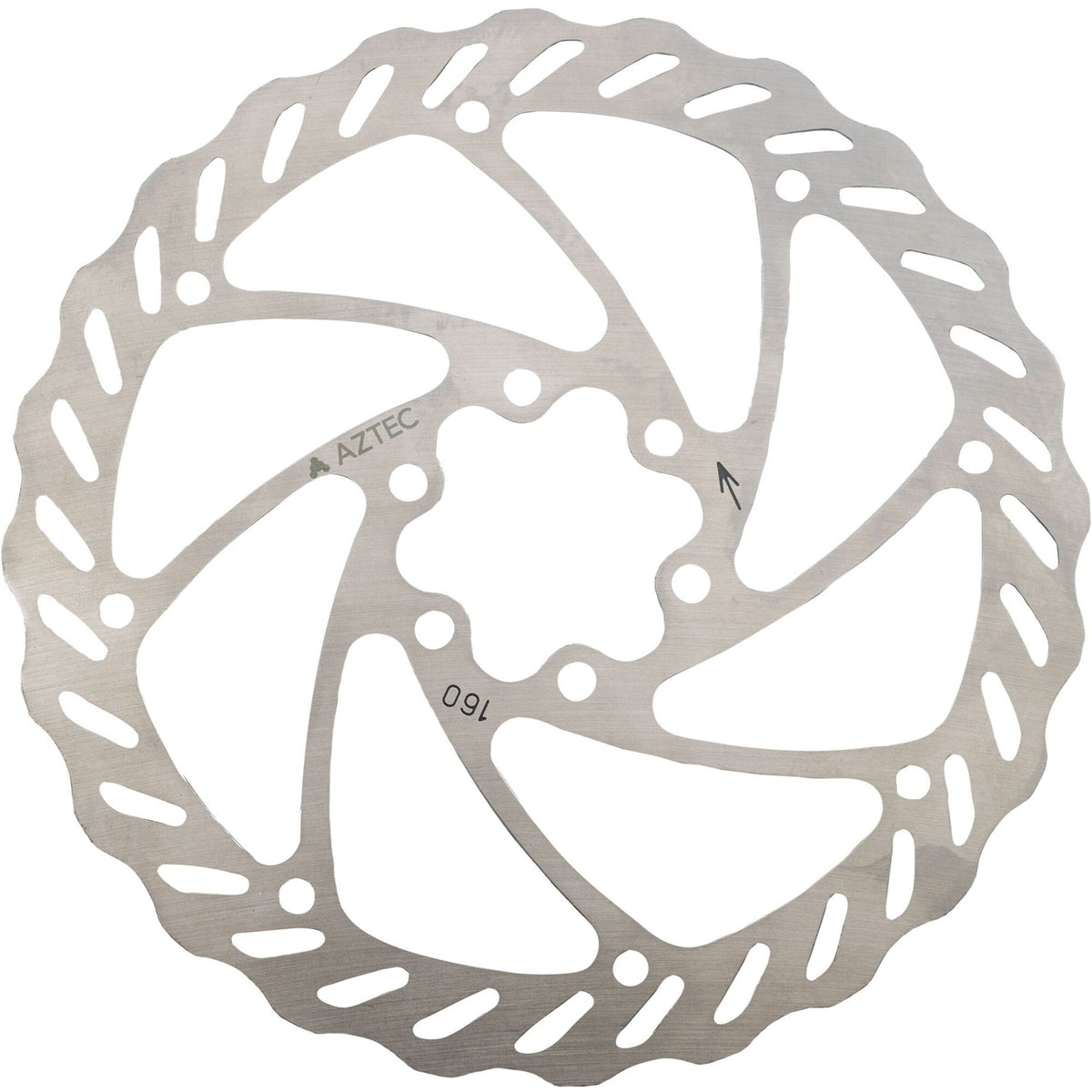 Aztec Core stainless steel 6-bolt disc brake rotor for bikes, showing the round rotor with bolt holes and metallic finish.