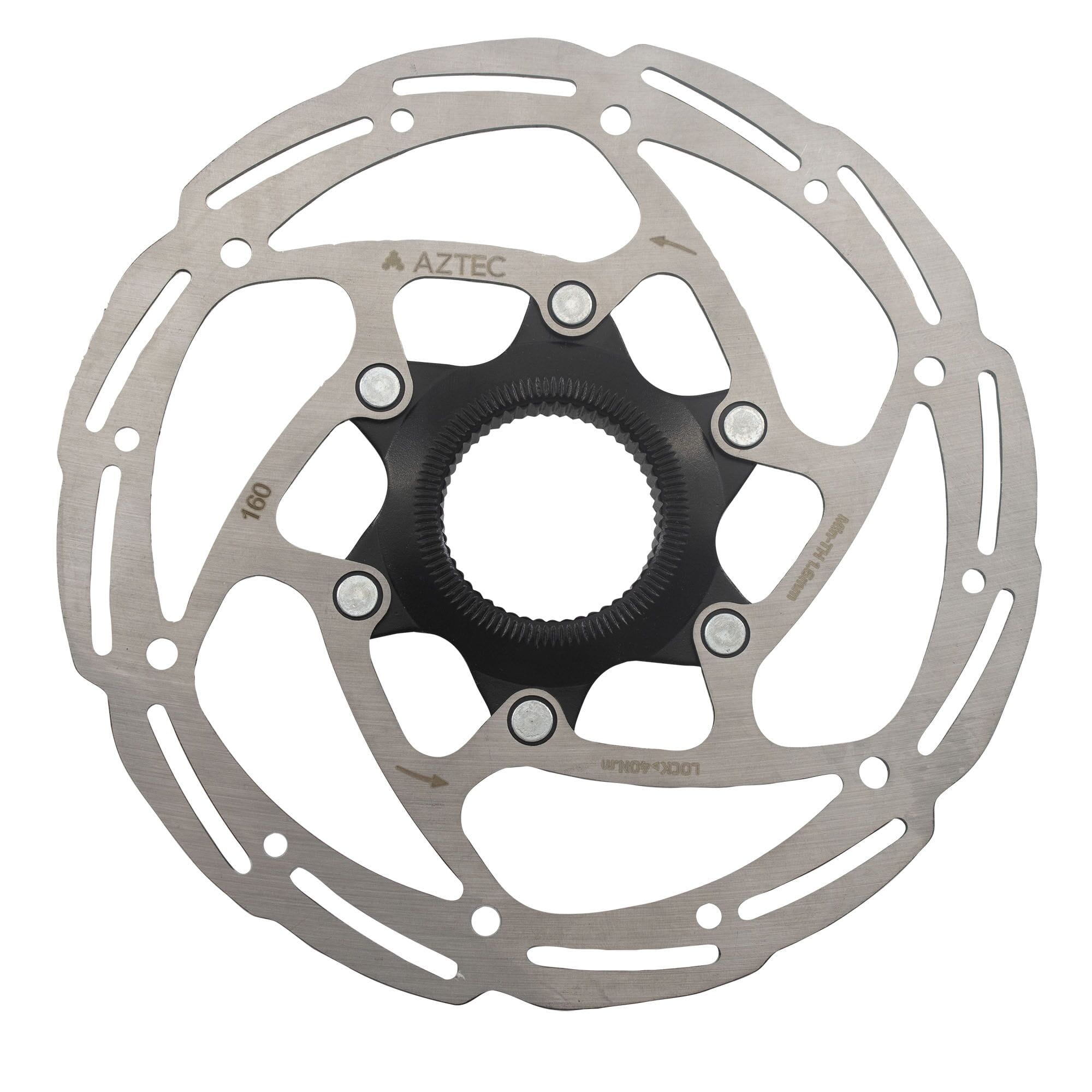 Aztec Core stainless steel disc brake rotor for bike's center-lock hub, showing the ventilated rotor with mounting holes.