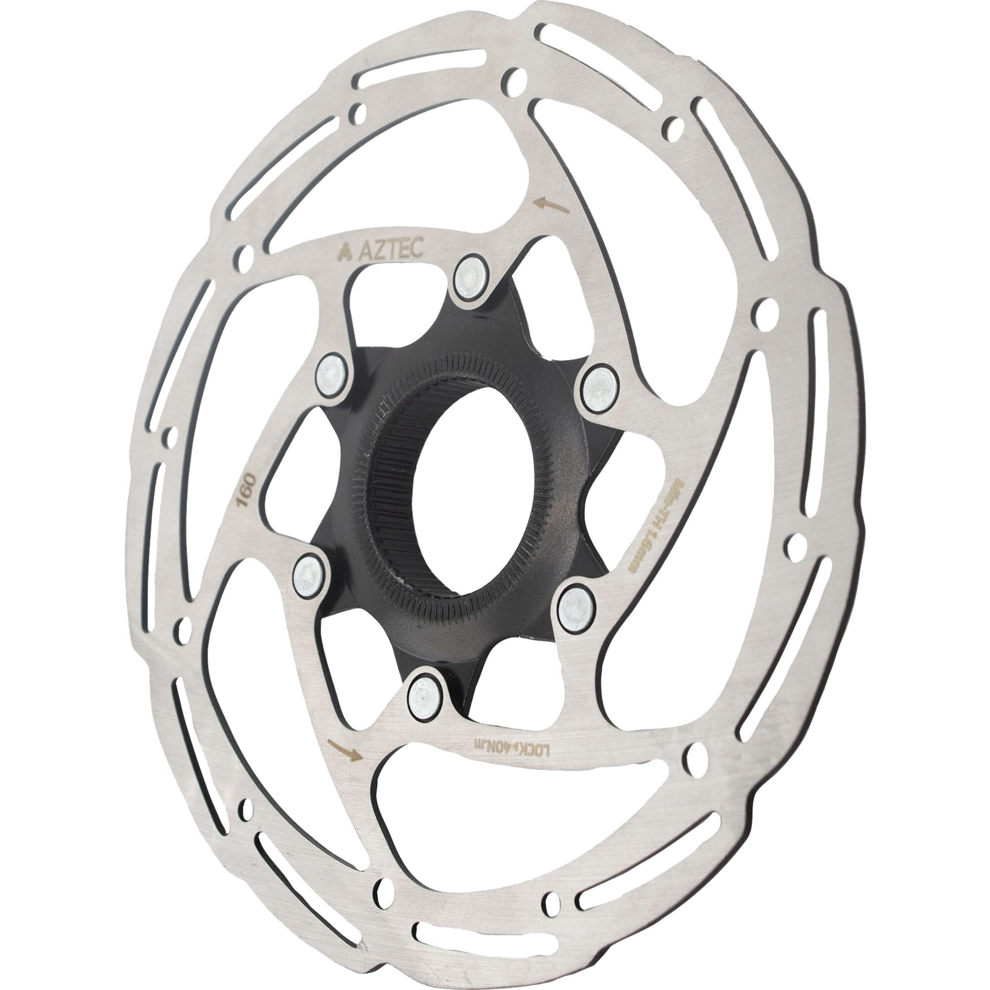 Aztec Core stainless steel bike disc brake rotor with center-lock design, showing detailed metal surface and mounting hole.