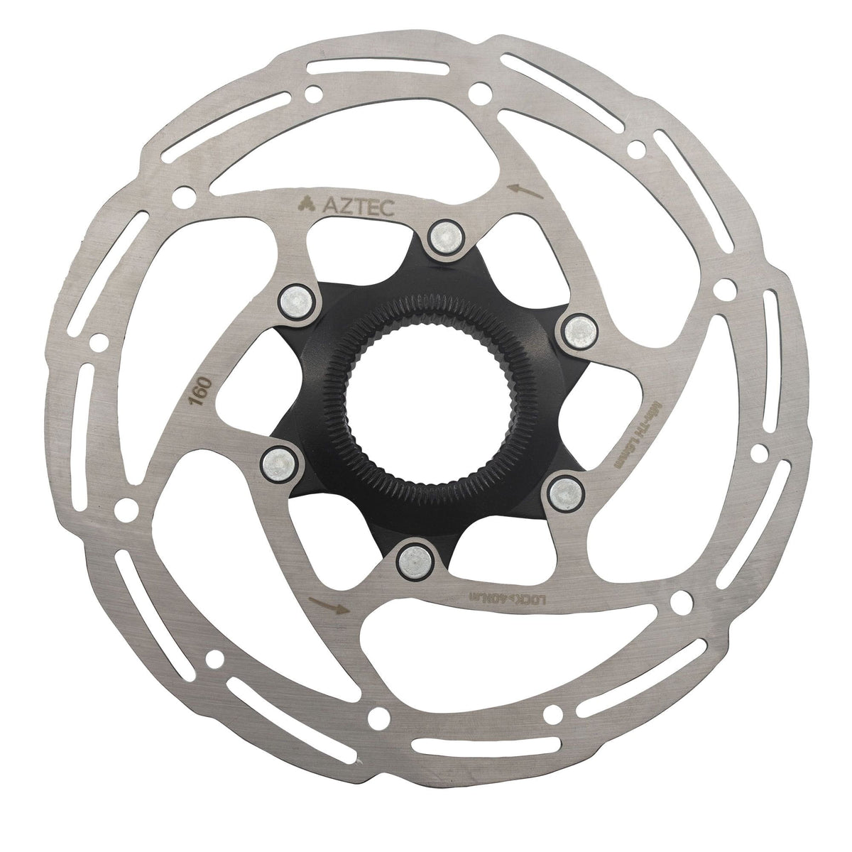 Aztec Core stainless steel disc brake rotor for bike's center-lock hub, showing the ventilated rotor with mounting holes.