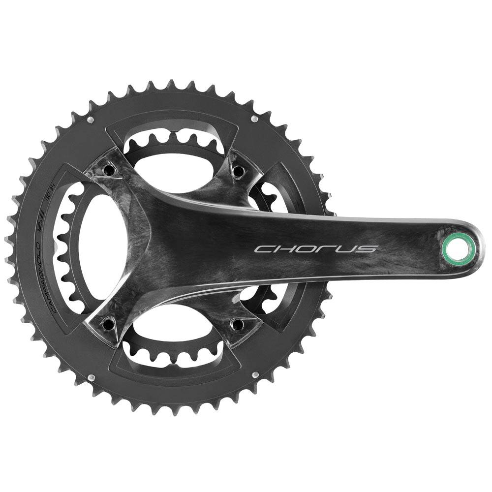 Campagnolo Chorus 12x Ultra-Torque road cycling crankset with chainrings, showcasing its sleek black design and high-performance components.