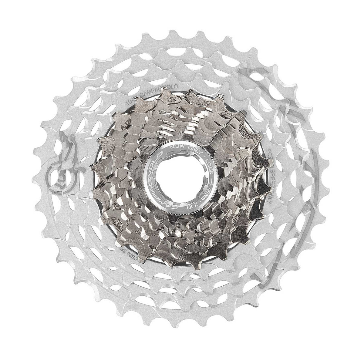 Campagnolo Super Record Ultra 13-speed cassette for high-performance cycling gear shifts, showing the metal cogs and branding.