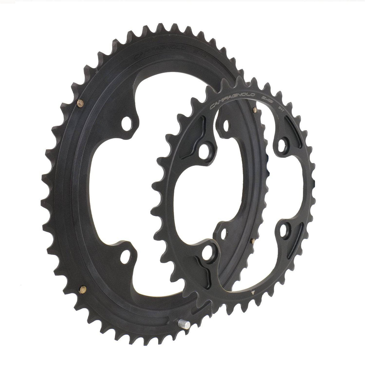 Campagnolo Super Record Wireless 13-speed road cycling chainring, close-up of black component with teeth and branding details.