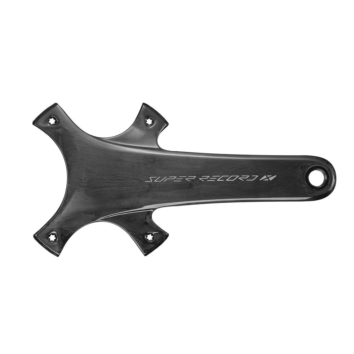 Campagnolo Super Record X Wireless 13x Carbon crank arms for road cycling, showing sleek black carbon fiber design and branding.