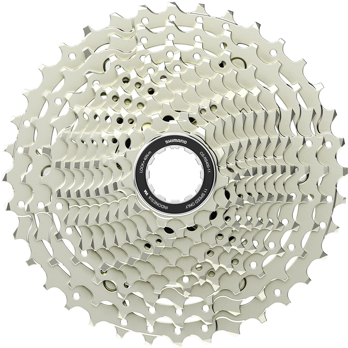 Shimano Tiagra CS-RS400 11-speed road bike cassette with Hyperglide sprockets for smooth gear shifting.