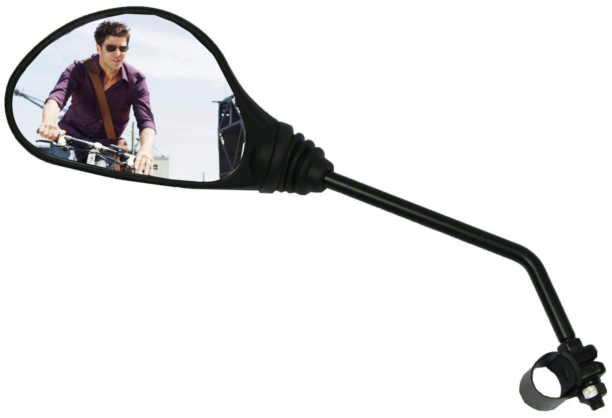 Trek black left-side e-bike replacement mirror with adjustable rearview for enhanced cycling safety.