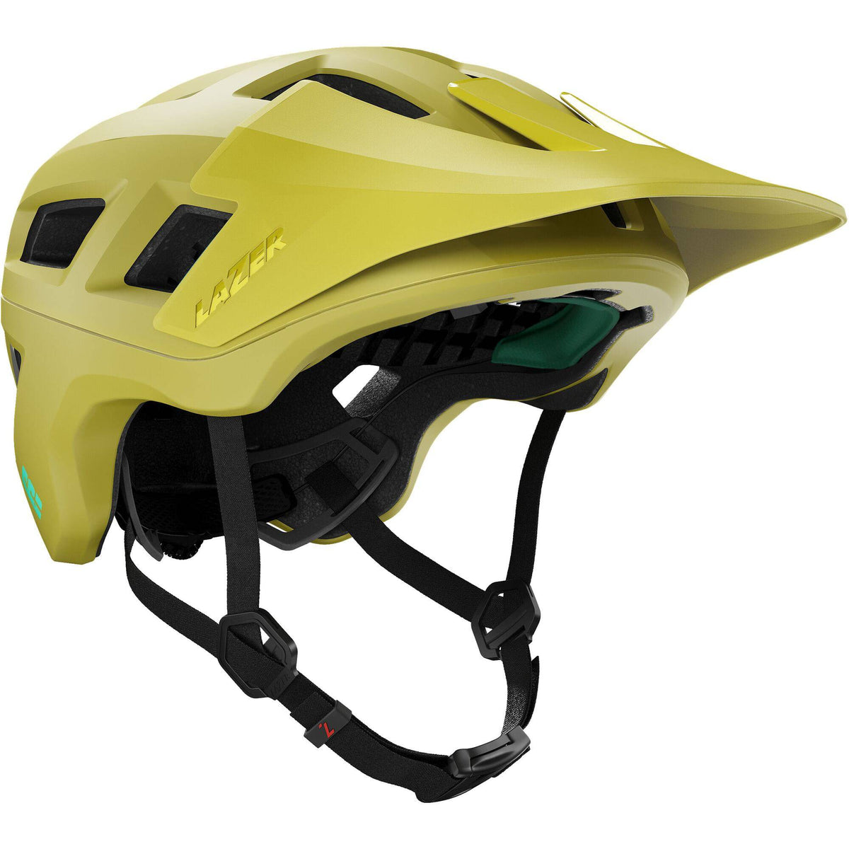 Lazer Coyote KinetiCore mountain bike helmet with TurnSys fit system and magnetic buckle, shown from the front with vents and branding.