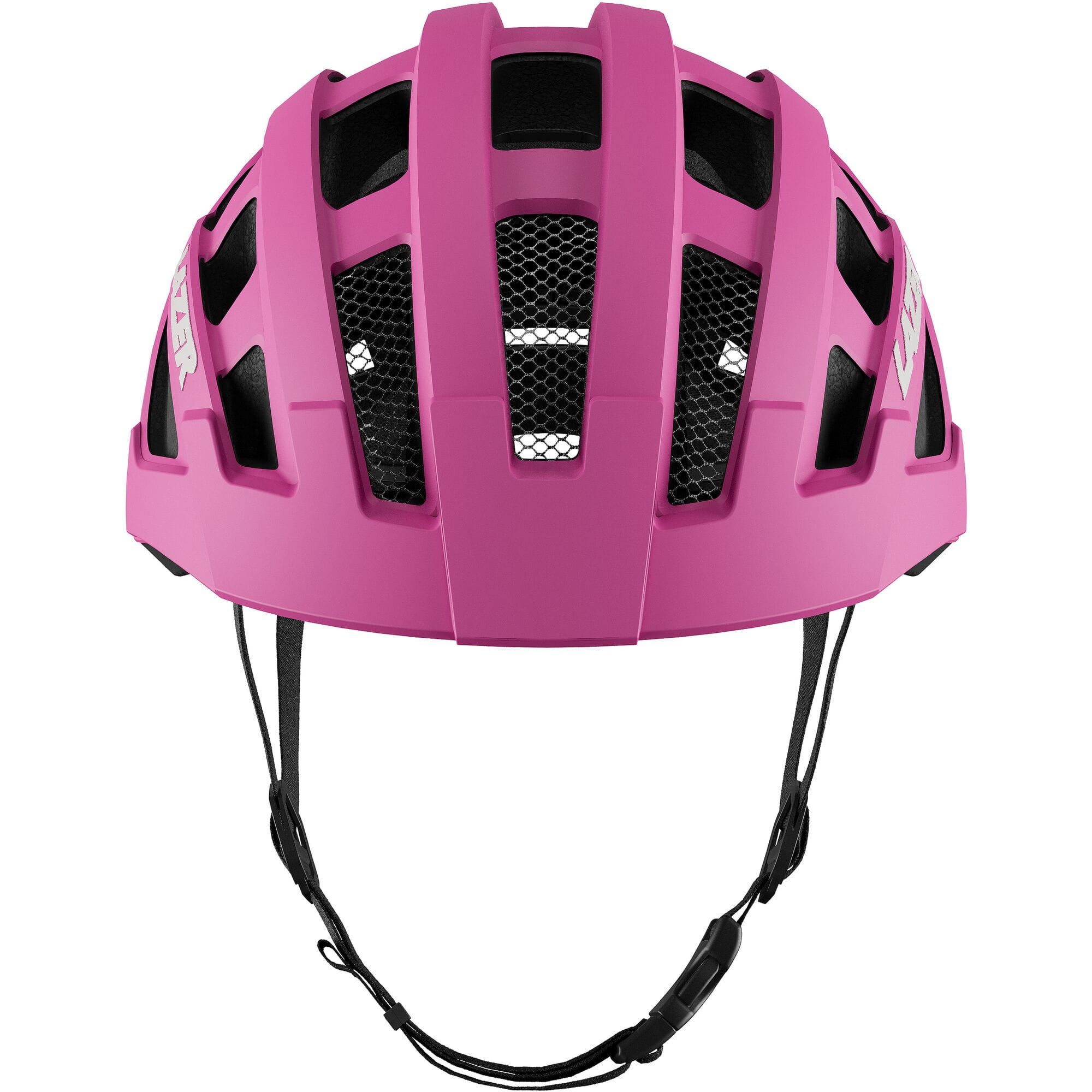 Lazer J2 kids mountain bike helmet with ventilation and TS+ retention system, pink color, adjustable straps, and safety features.