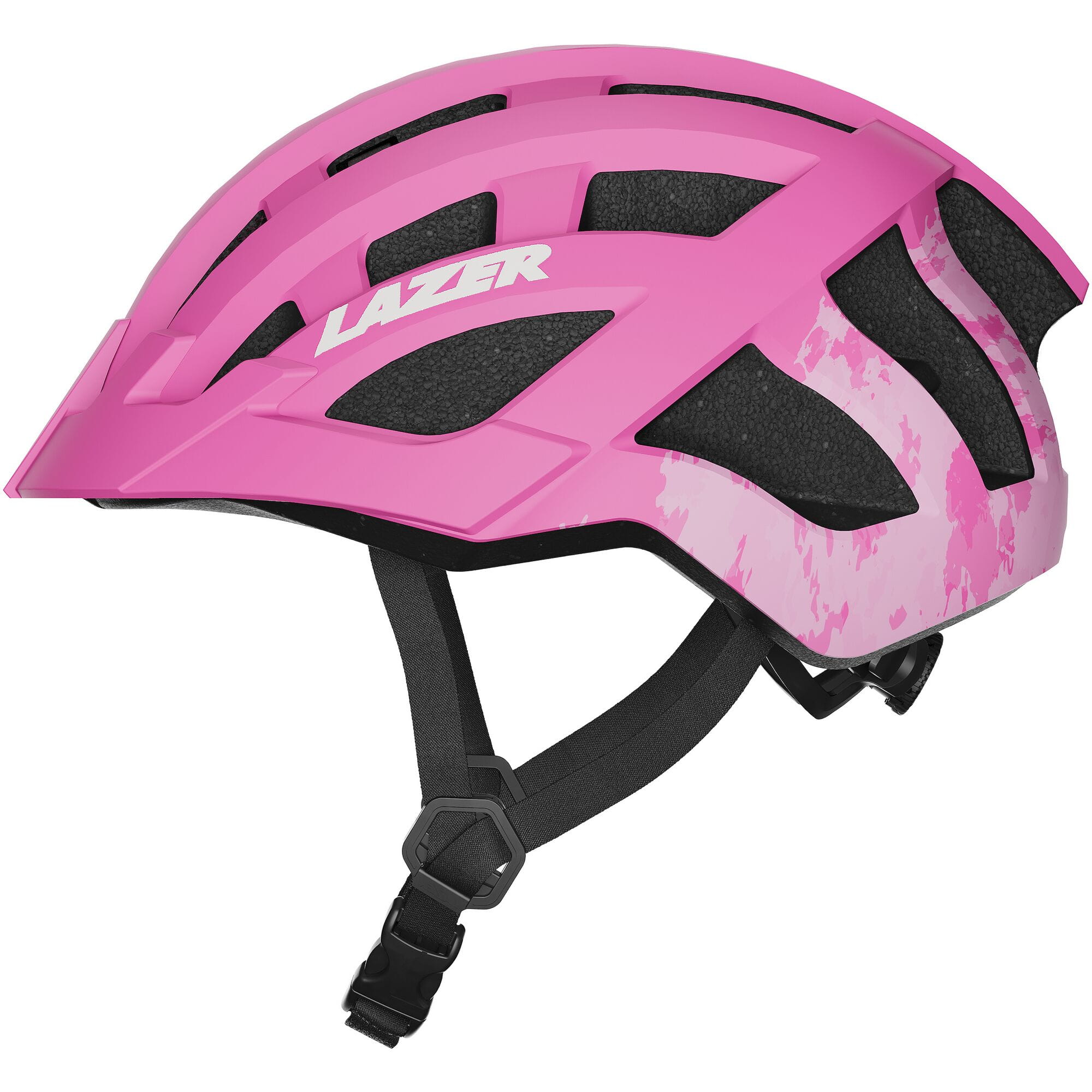 Lazer J2 kids mountain bike helmet with ventilation and TS+ retention system, featuring bright colors and adjustable straps.