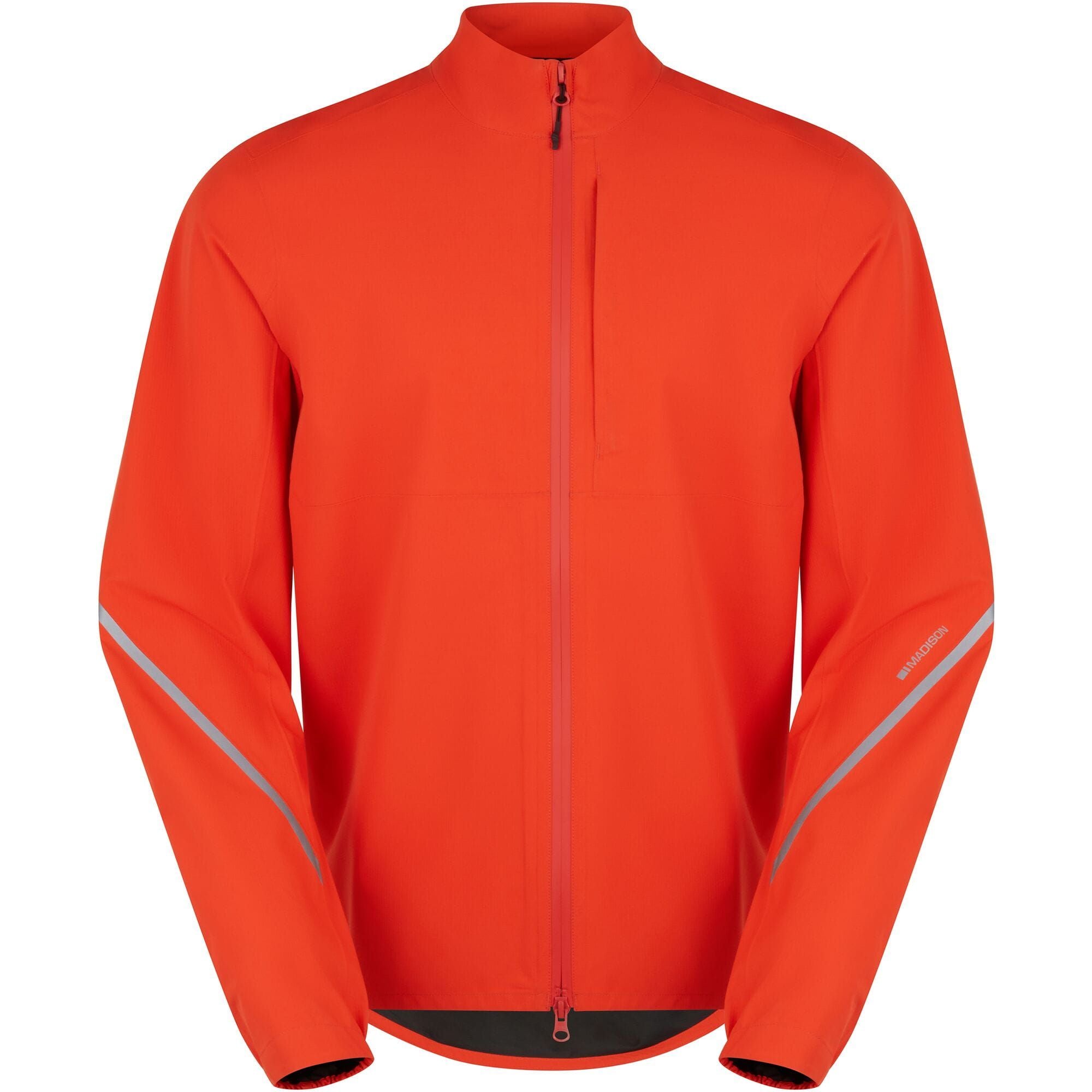 Madison men's waterproof cycling jacket in Magma Red with reflective inserts, medium size, designed for outdoor riding.