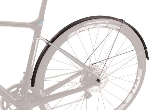 Giant Speedshield DEFY & CONTEND disc brake road bike fenders for 700c wheels, made of durable black plastic, mounted on a road bike.