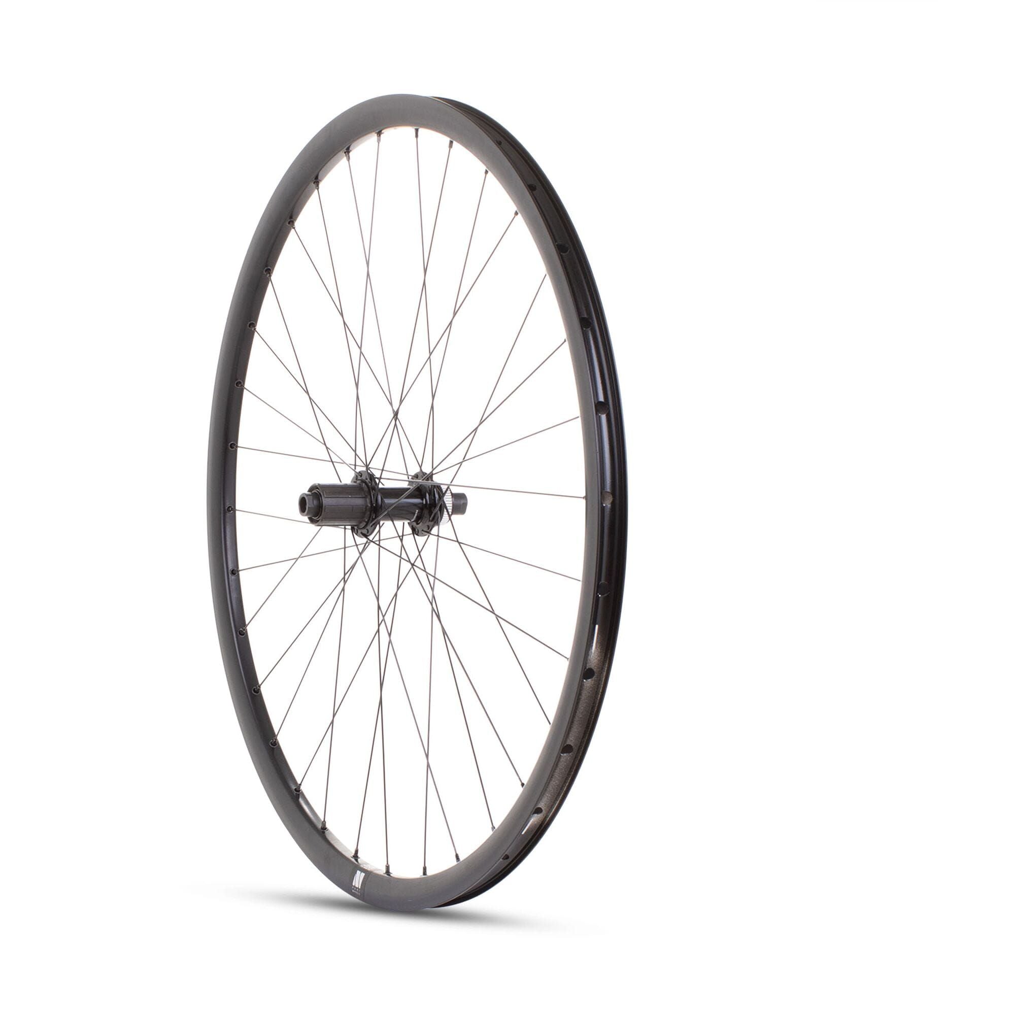 Black M Part Wheels road rear wheel with Shimano Tiagra CL hub, 700c Cyclone rim, 142x12mm axle for cycling components.
