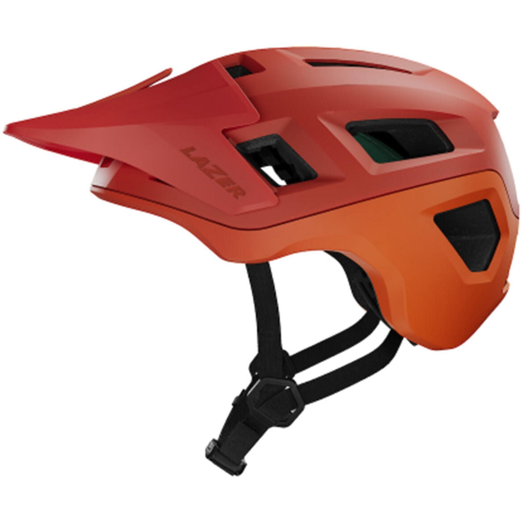 Lazer Coyote KinetiCore mountain bike helmet with TurnSys fit system and magnetic buckle, shown from the side.
