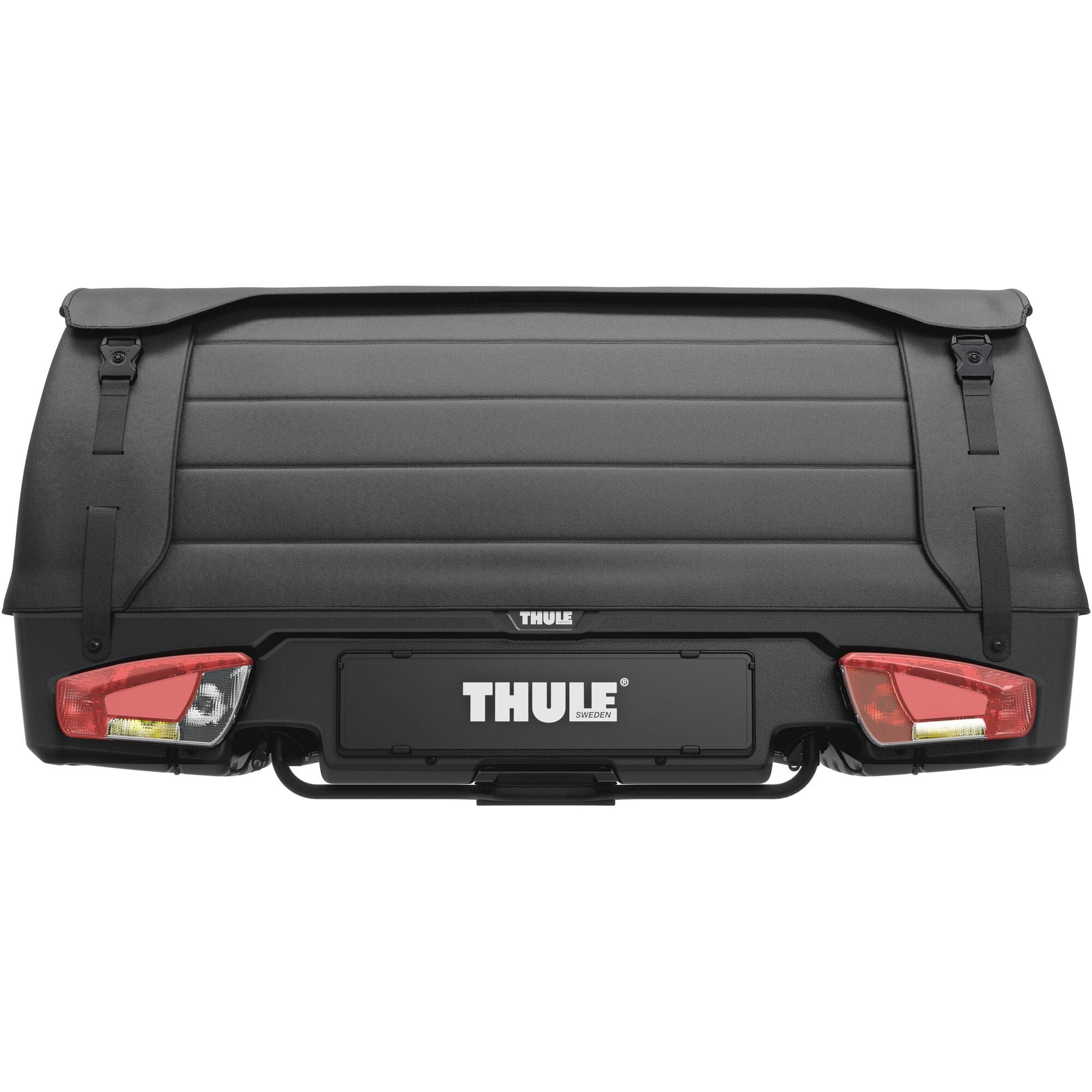 Thule Onto 2 rear-mounted cargo carrier 300L towbar storage box attached to vehicle rear for outdoor gear storage.